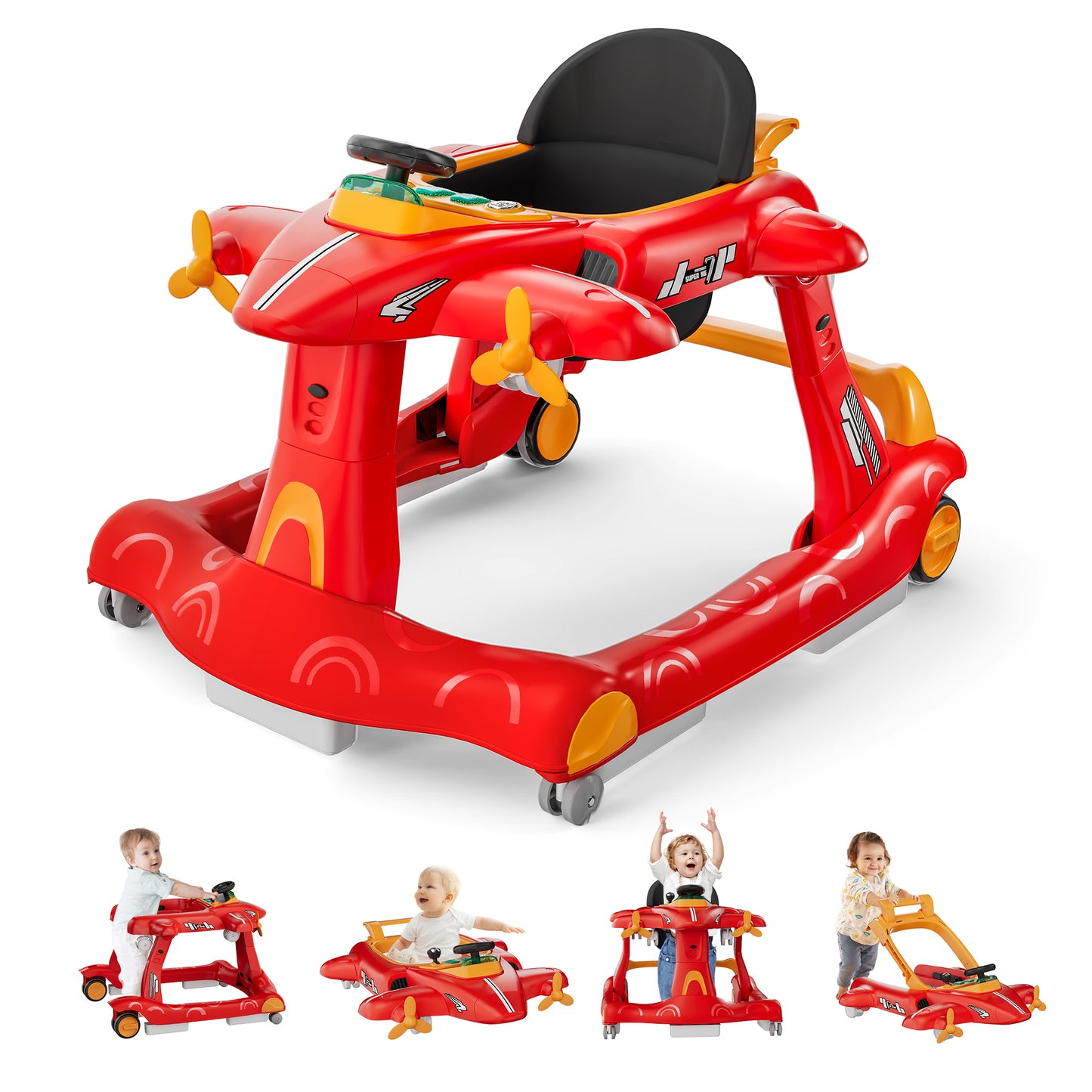 Tolead 4-in-1 Foldable Baby Walker, Activity Push Walker for 6-18 months, 24" x 29" x 22",Red