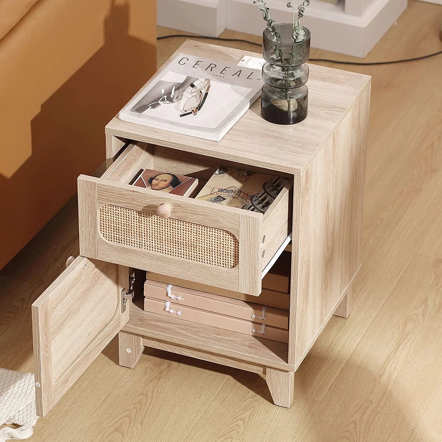 Tolead Rattan Nightstand Set with Charging Station, Handmade Rattan Decorated Drawer and Door, Natural