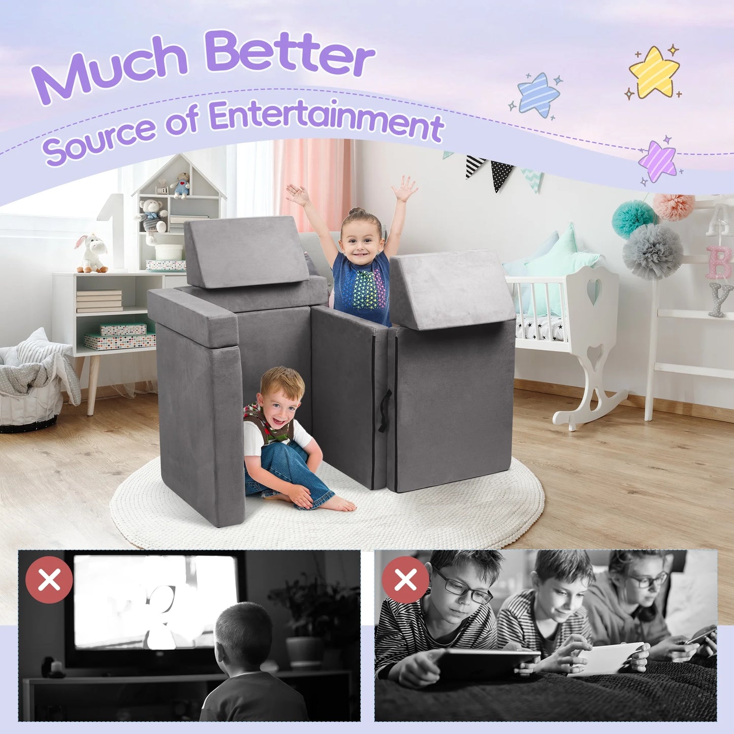 Tolead 6pcs Modular Kids Play Couch Child Sectional Sofa, Imaginative Furniture Play Set, Gray