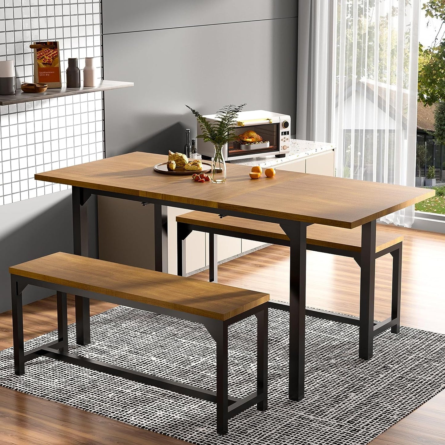 Tolead 3 Piece 47-63" Wood Dining Table Set with 2 Benches, for 4-8 Person, Home, Kitchen, Dining