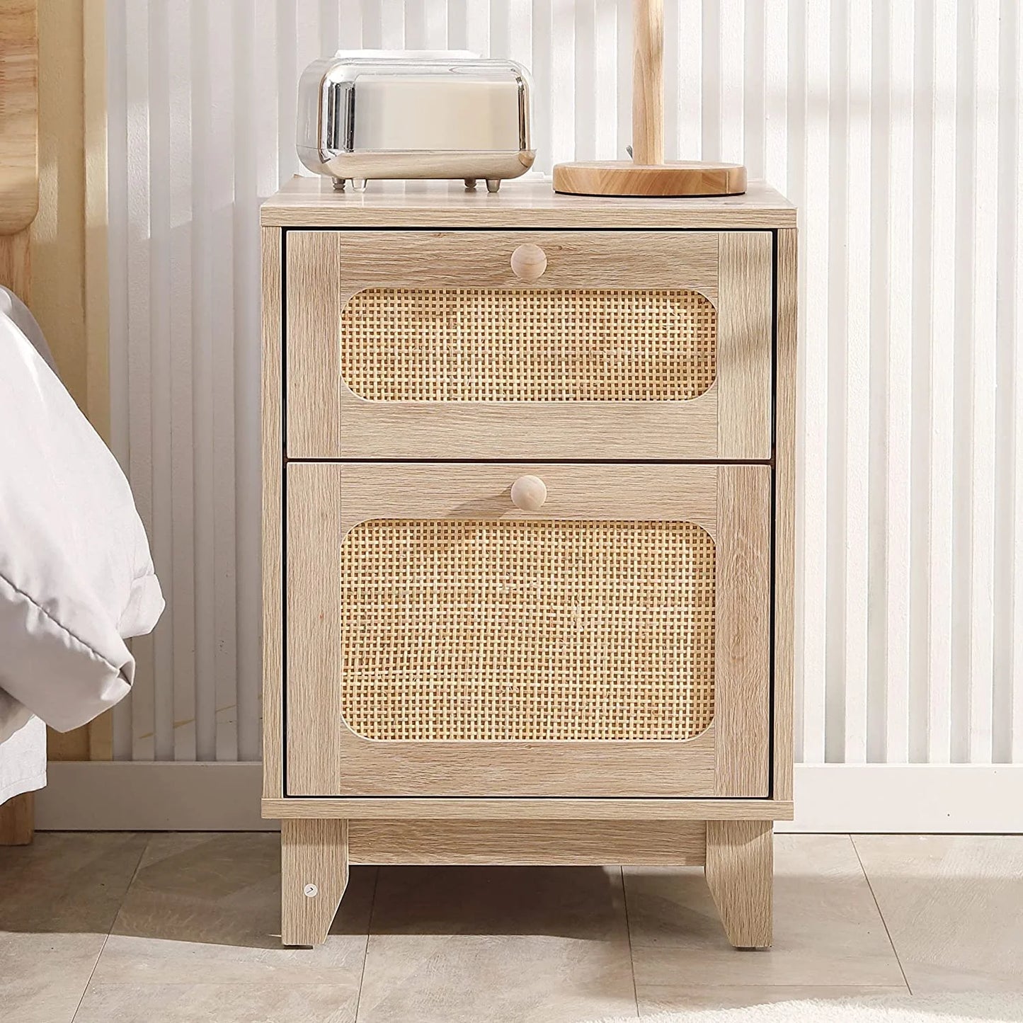 Tolead Rattan Nightstand Set with Charging Station, Handmade Rattan Decorated Drawer and Door, Natural