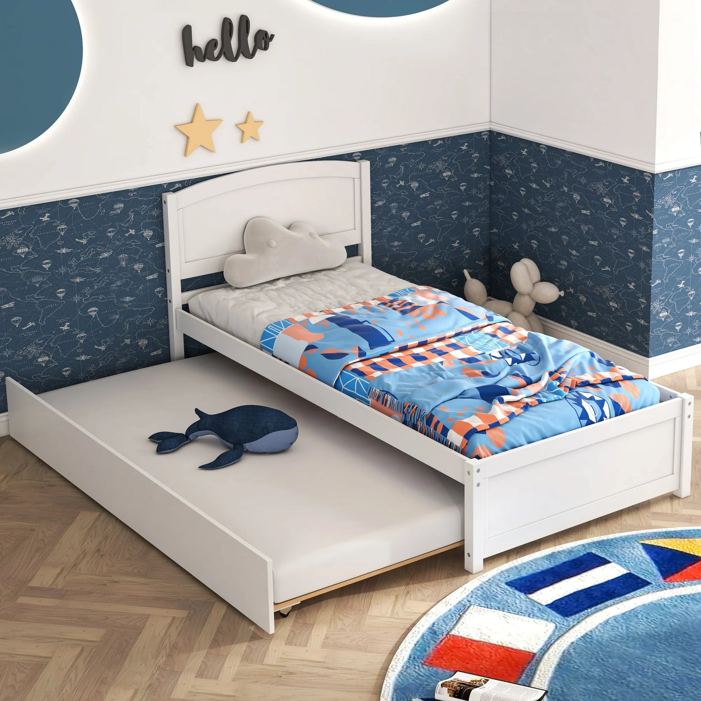 Tolead Twin Daybed with Trundle, Wood Sofa Bed Frame for Kids & Teens, Rustic, Sturdy, White