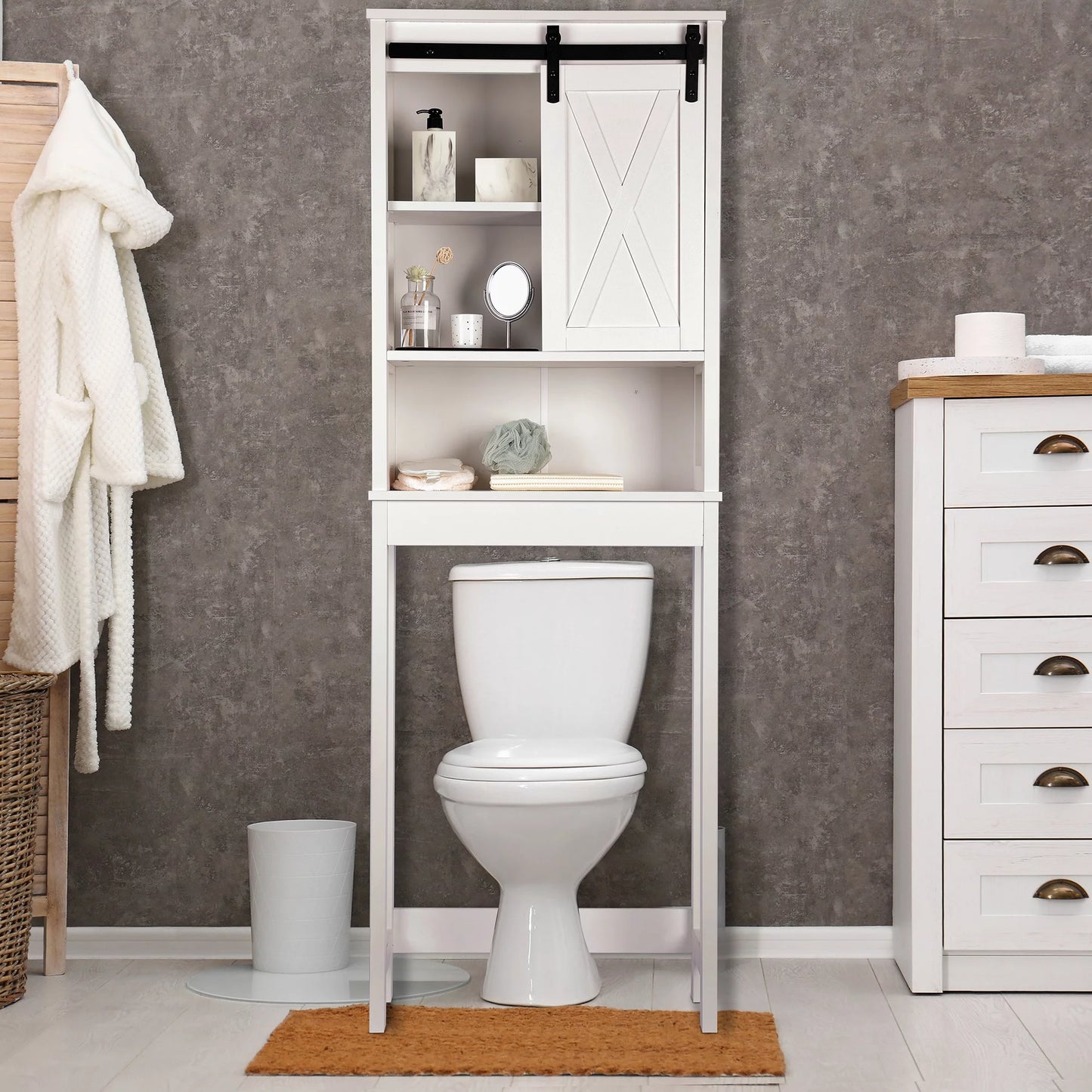 Tolead Wooden Bathroom Storage Over The Toilet with Adjustable Shelves and Sliding Doors, Towels, Wood, White