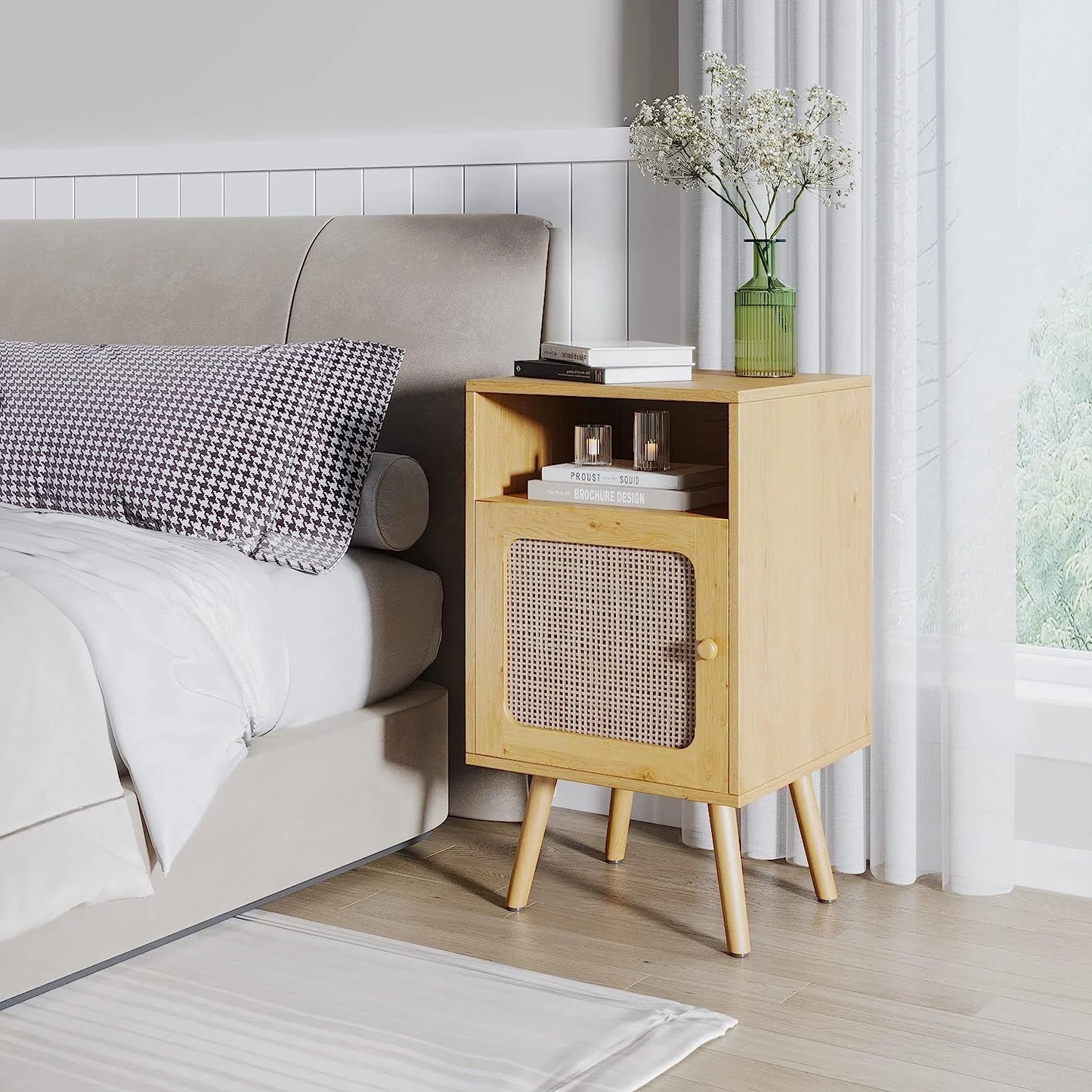 Tolead Wooden Rattan Nightstand Set with Single Drawer, Sturdy, Desk, Oak, Natural