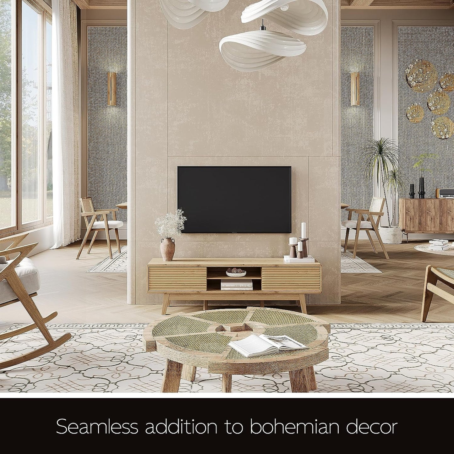 Tolead 59" Low Profile Boho Wooden TV Stand up to 65" TV with Natural Wood Sliding Doors