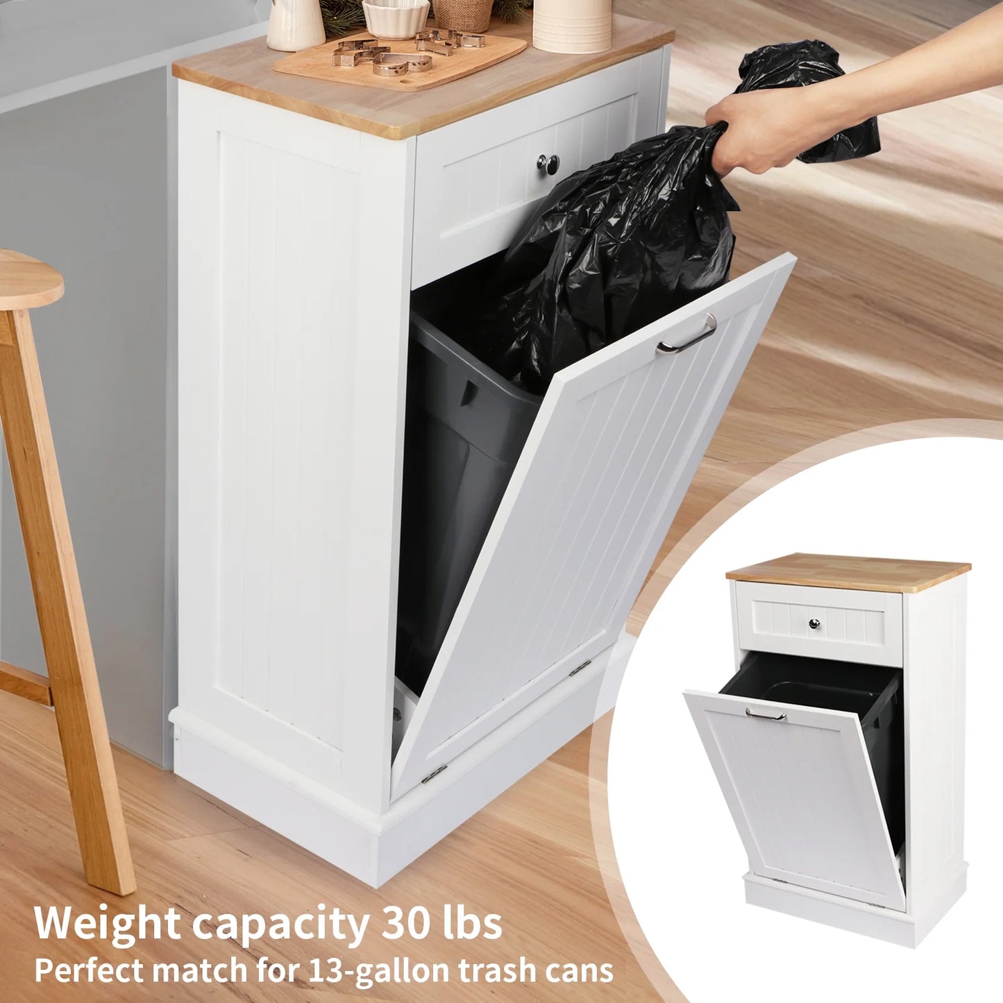 Tolead Single Tilt Out Trash Cabinet with Hideaway Drawer, Coffee, 10 Gallon, White