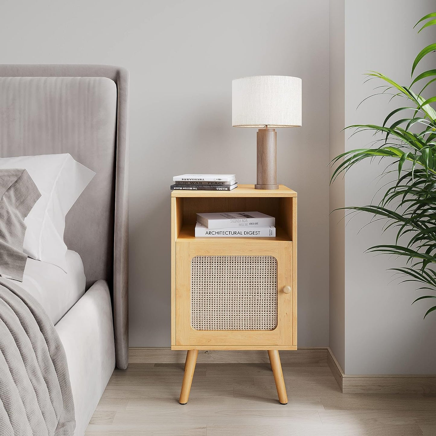 Tolead Wooden Rattan Nightstand Set with Single Drawer, Sturdy, Desk, Oak, Natural