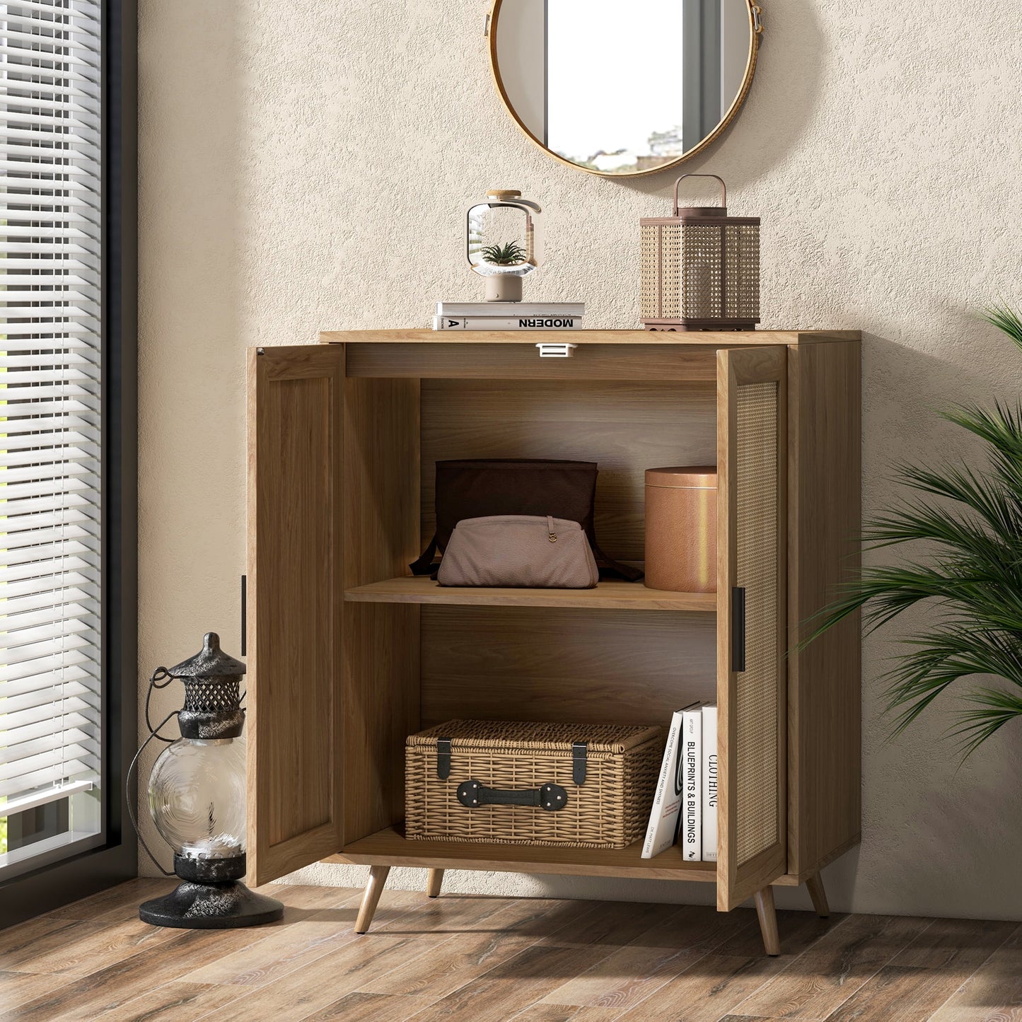 Tolead Wood Sideboard Buffet Cabinet, Rustic Modern, Rattan Doors, 2 Pack, 33 x 15.5 x 27 in