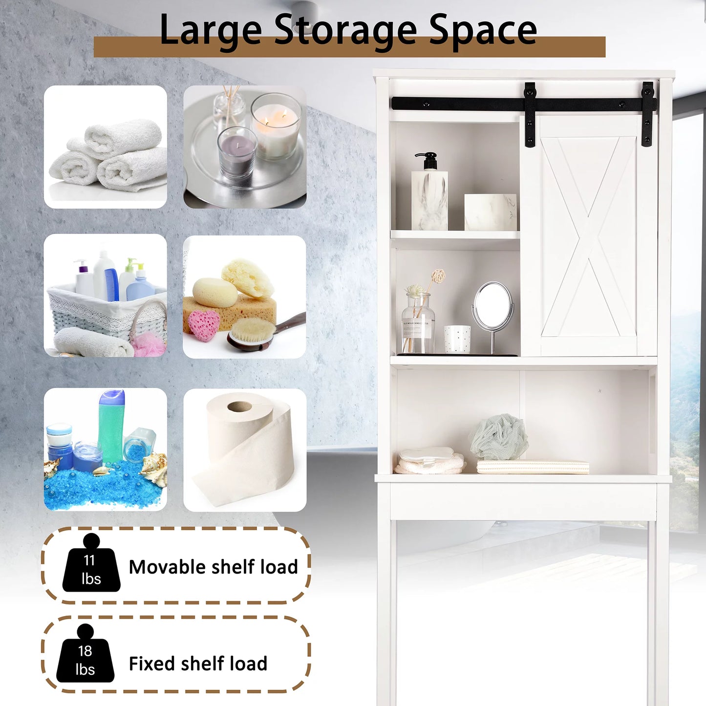 Tolead Wooden Bathroom Storage Over The Toilet with Adjustable Shelves and Sliding Doors, Towels, Wood, White