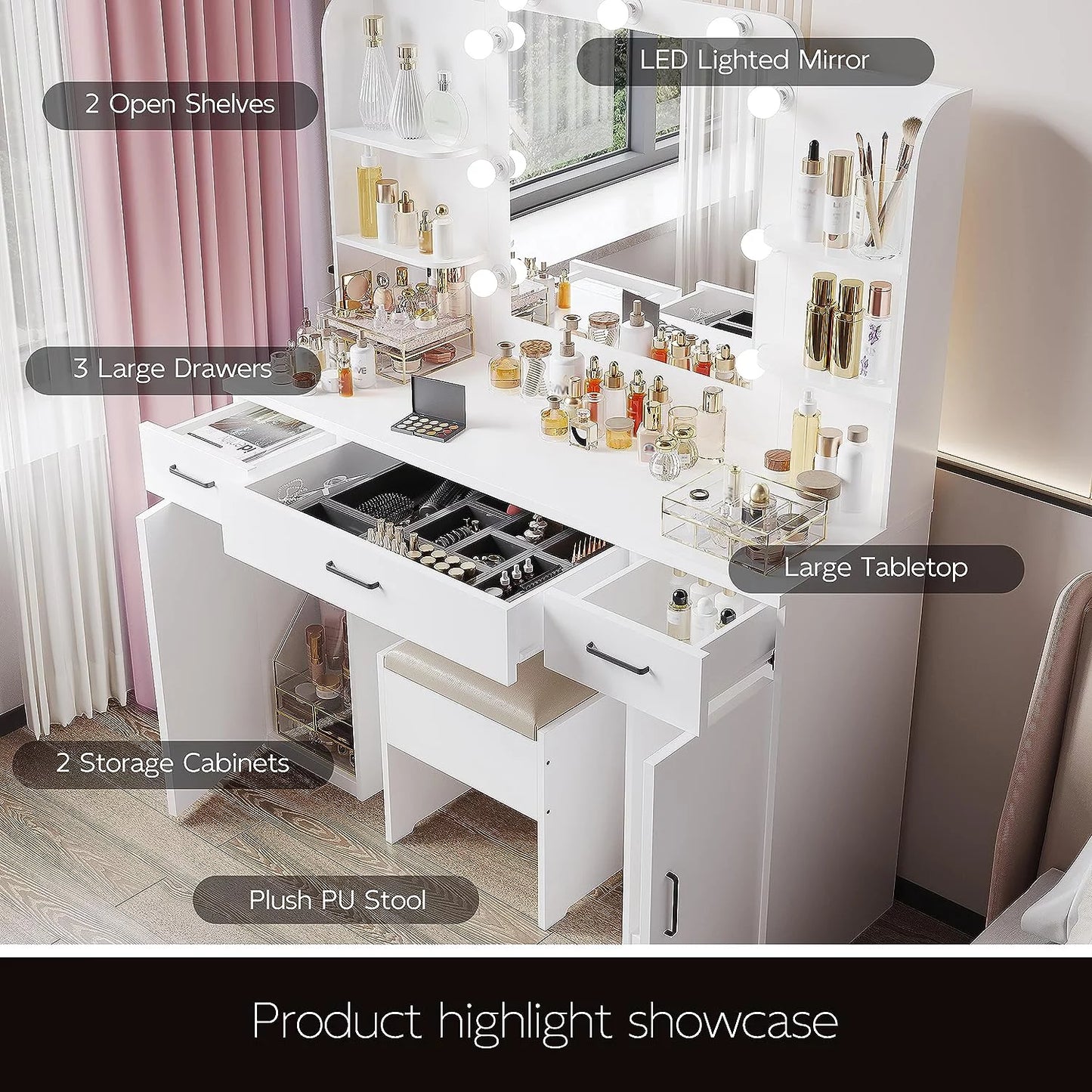 Tolead Modern Makeup Vanity Set with Chair, White