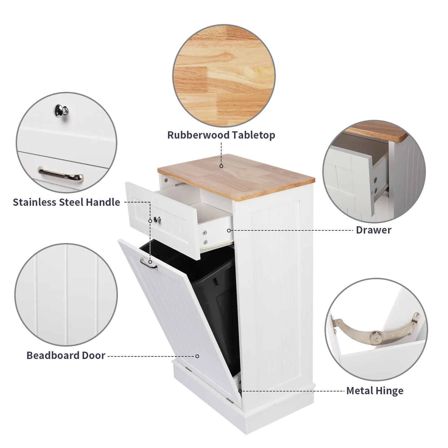 Tolead Single Tilt Out Trash Cabinet with Hideaway Drawer, Coffee, 10 Gallon, White