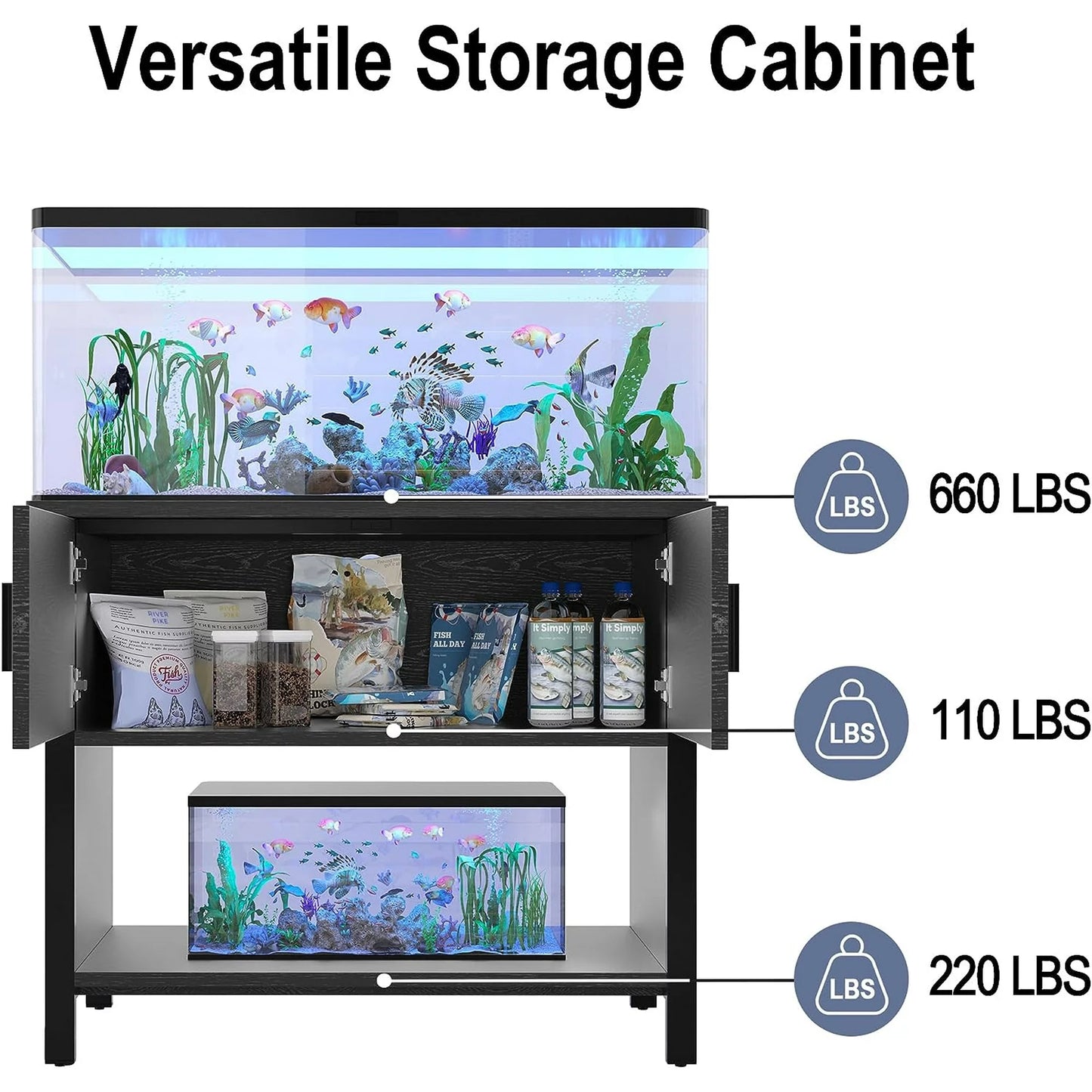 Tolead Metal Fish Aquarium Tank Stand with Cabinet, Accessories Storage, 18.9" D x 36.6" W Tabletop, Black