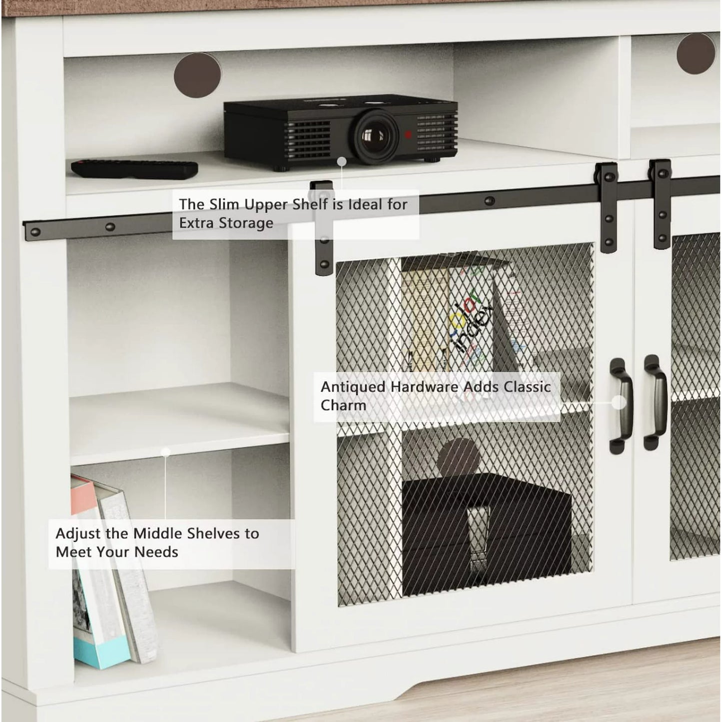 Tolead Farmhouse Style TV Stand for 65"+ TVs, Top, Sturdy, Dvds, Tall Entertainment Center, White