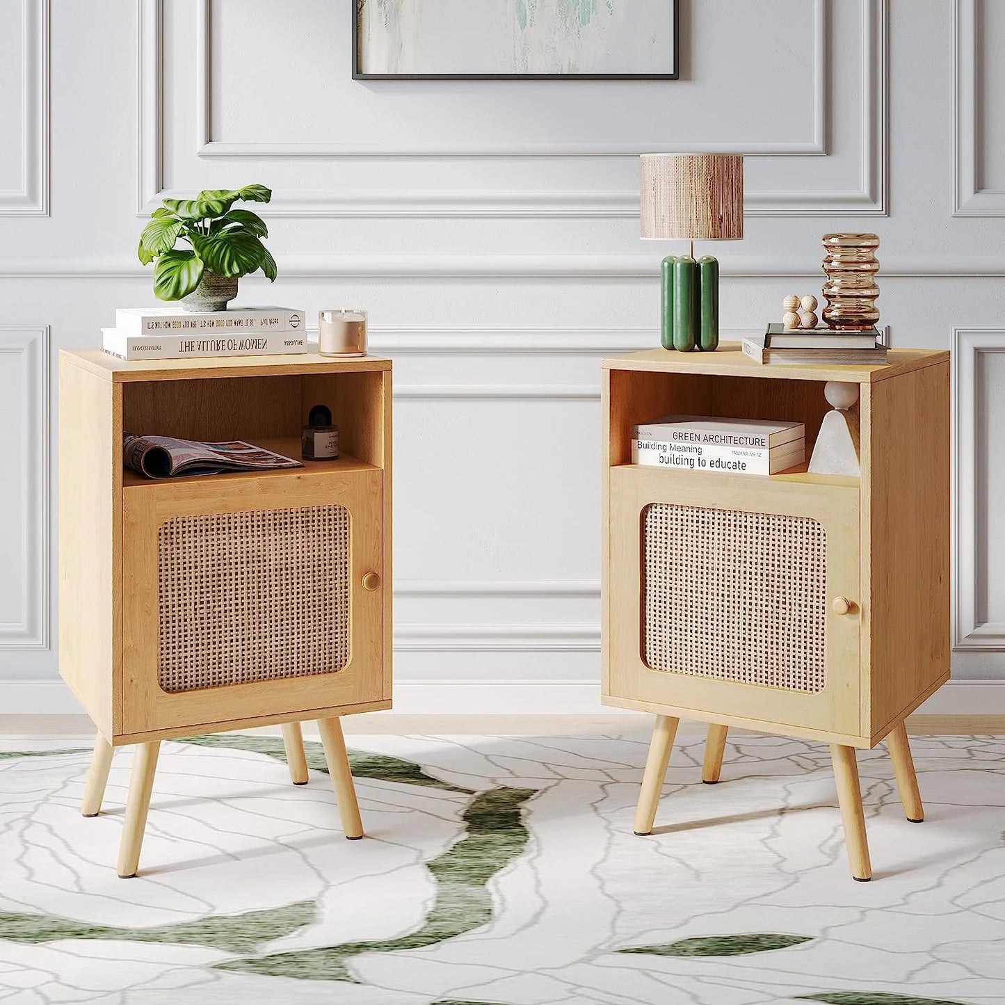 Tolead Wooden Rattan Nightstand Set with Single Drawer, Sturdy, Desk, Oak, Natural