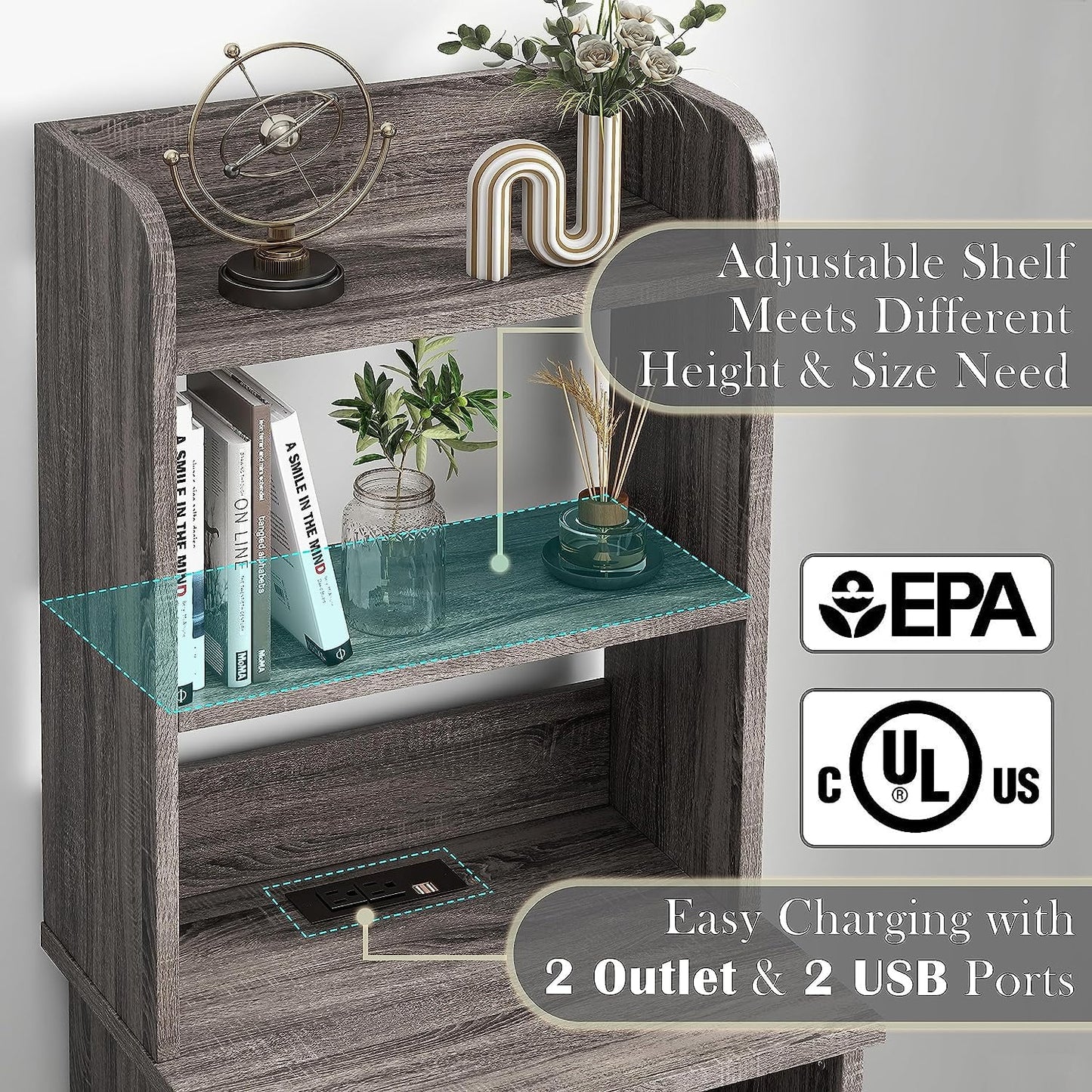 Tolead 2pcs 47" Nightstand with Bookshelf with Charging Station