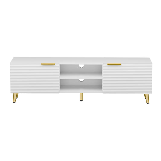 Tolead TV Console Table with Doors and Shelves, TV Stand, Waveform Panel with Gold Metal Legs, Living Room, White