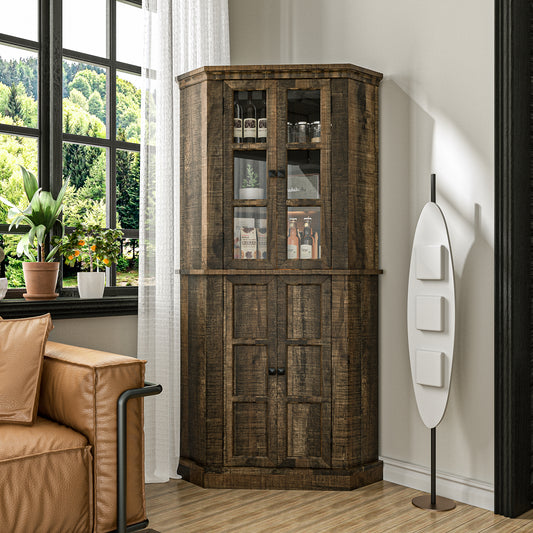 Tolead 67" Tall Farmhouse Corner Cabinet, 6 Tier Height-adjustable Corner Pantry Cabinet with Glass Door