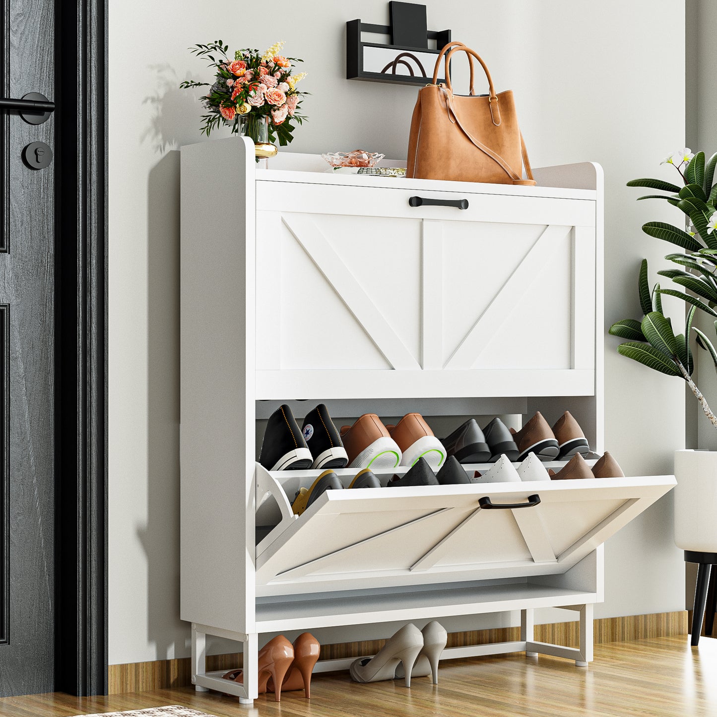 Tolead Shoe Storage Cabinet with 2 Flip Drawers, Metal Legs, Rustic Brown