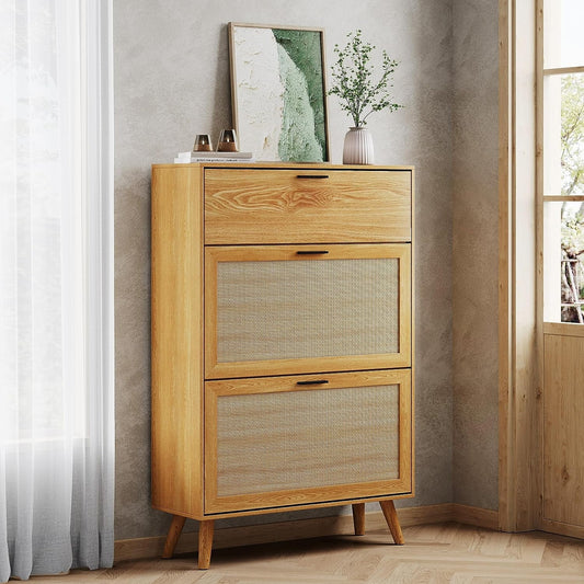 Tolead Nature Rattan Shoe Cabinet for 20 Pairs with Drawers and Shelves