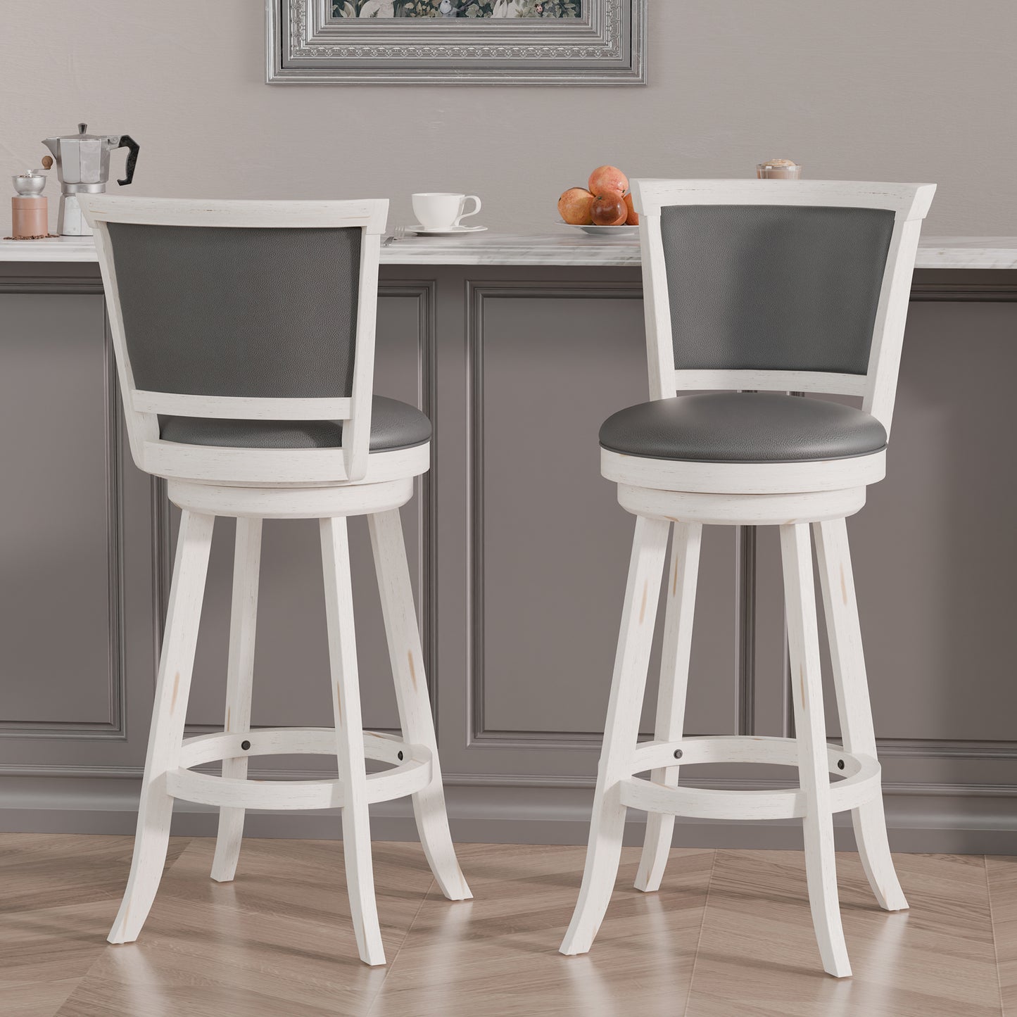 Tolead 29" Counter Height Swivel Wood Barstool in Chestnut Finish and Black Faux Leather
