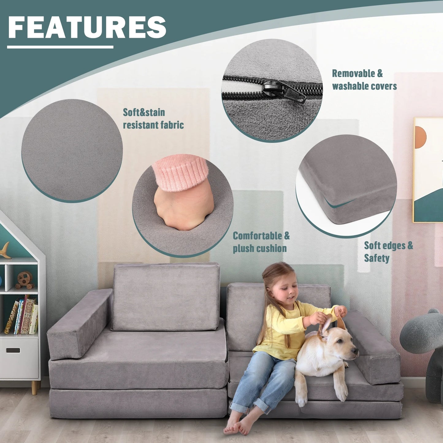 Tolead 6-Piece Modular Imaginative Furniture Play Set, Couch, Sectional Sofa, Gray