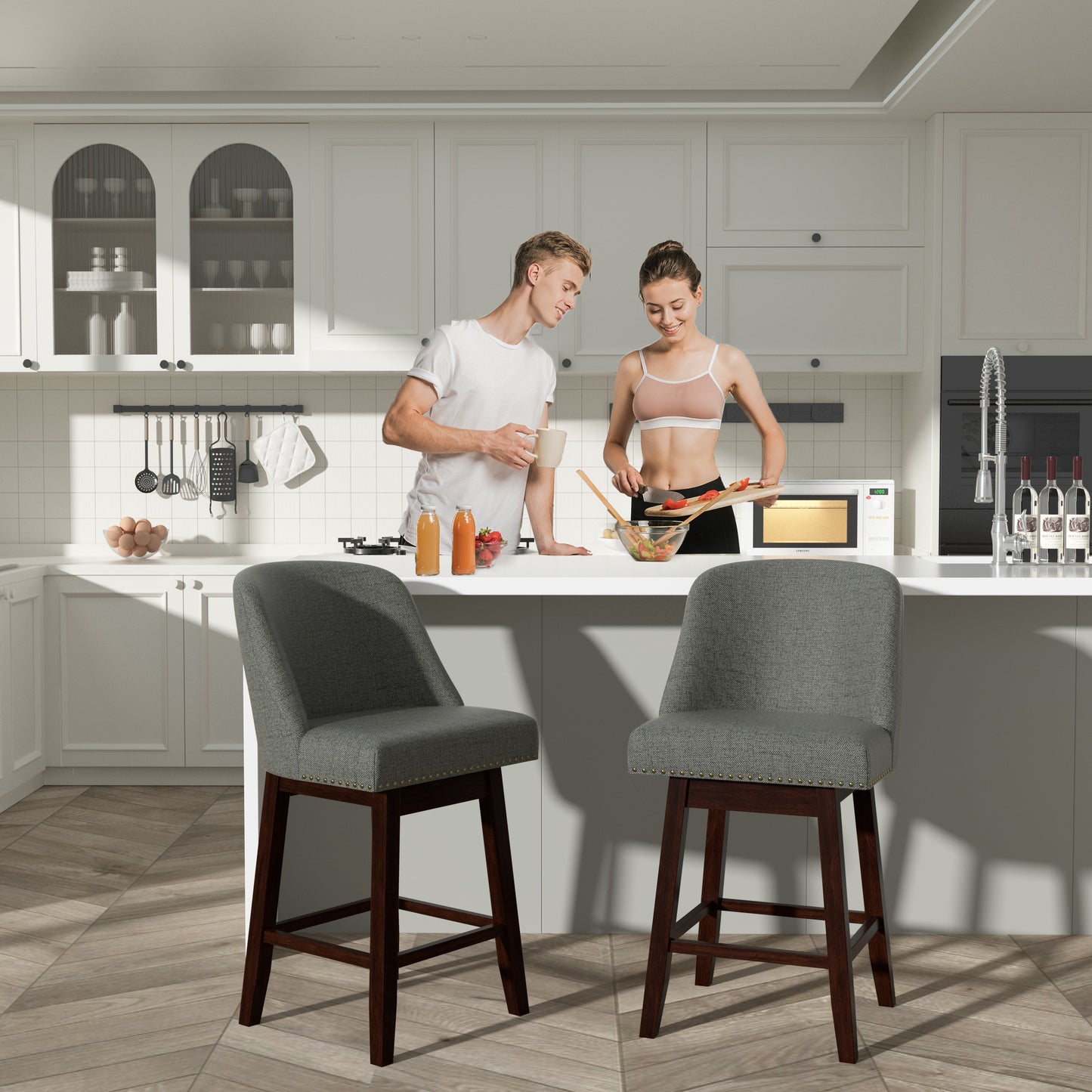 Tolead 26" Upholstered Swivel Counter Bar Stools with Back Wood Legs, Bar Chairs for Home,Bar,Set of 2, Beige