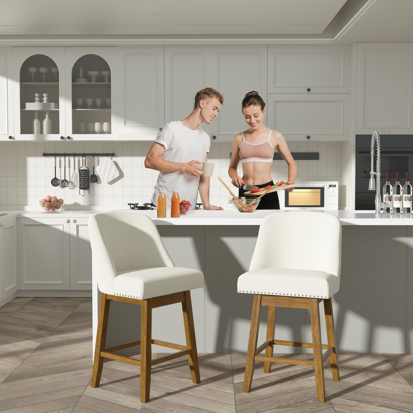 Tolead 26" Upholstered Swivel Counter Bar Stools with Back Wood Legs, Bar Chairs for Home,Bar,Set of 2, Beige