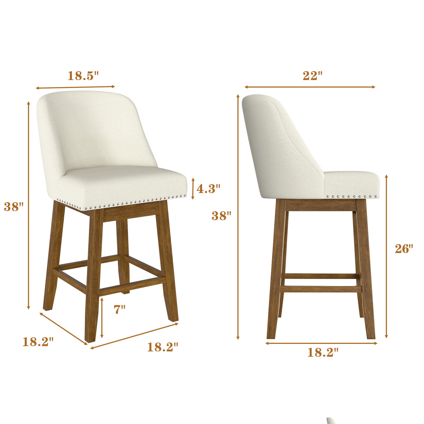 Tolead 26" Upholstered Swivel Counter Bar Stools with Back Wood Legs, Bar Chairs for Home,Bar,Set of 2, Beige