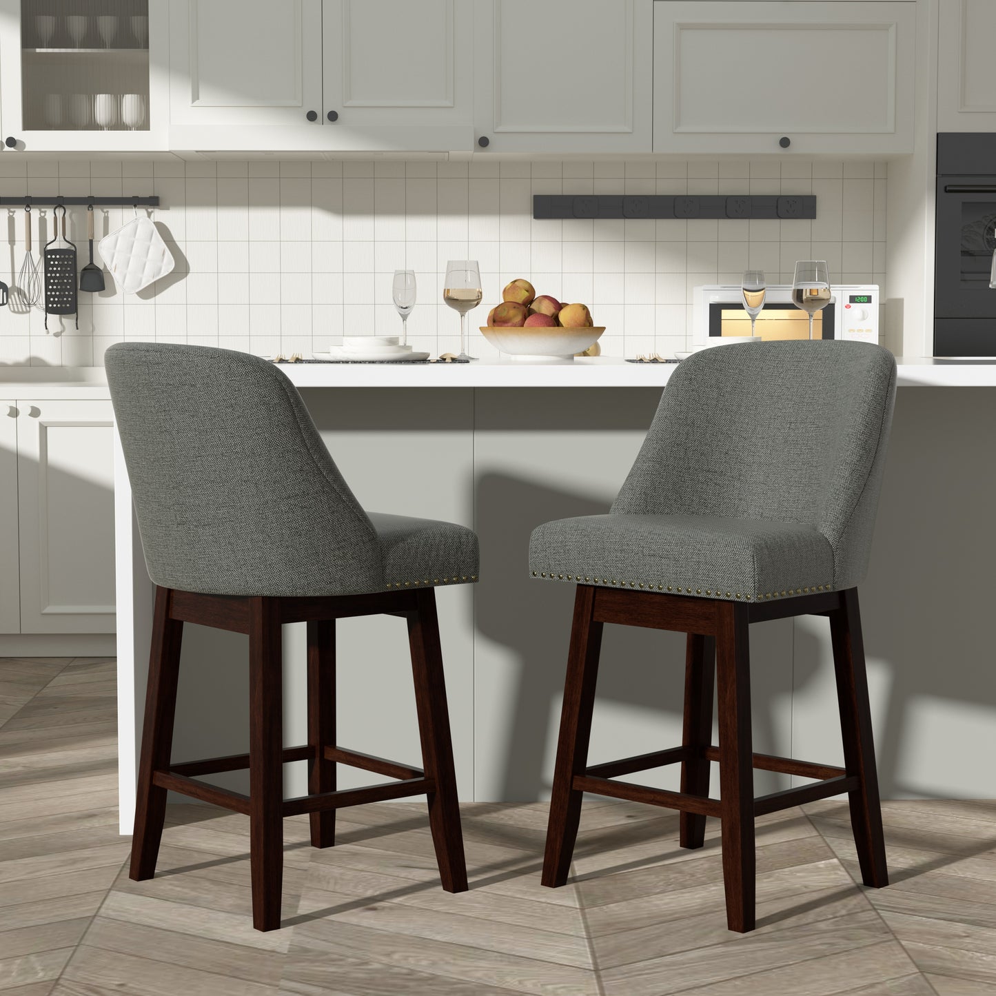 Tolead 26" Upholstered Swivel Counter Bar Stools with Back Wood Legs, Bar Chairs for Home,Bar,Set of 2, Beige