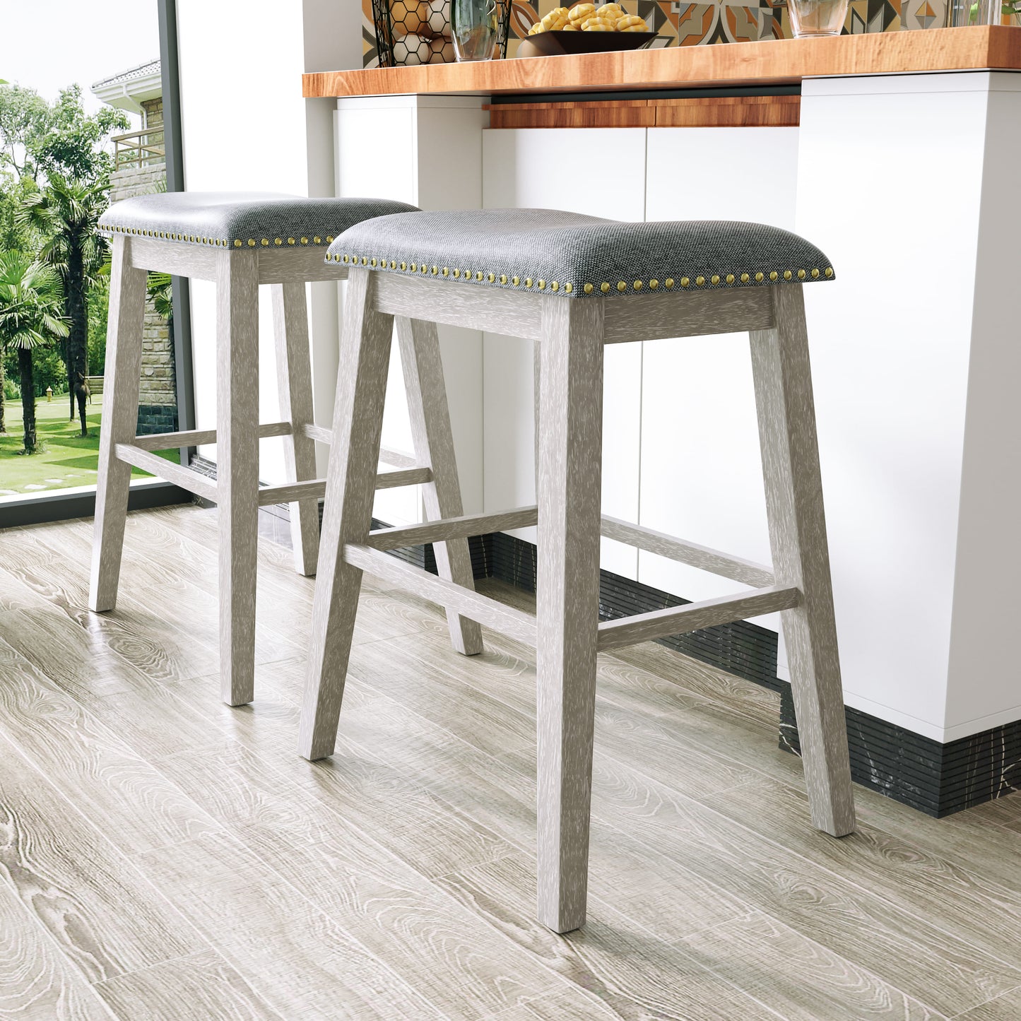 Tolead 24" Backless Bar Stools with Saddle Cushion Seat - Set of 2, Gray
