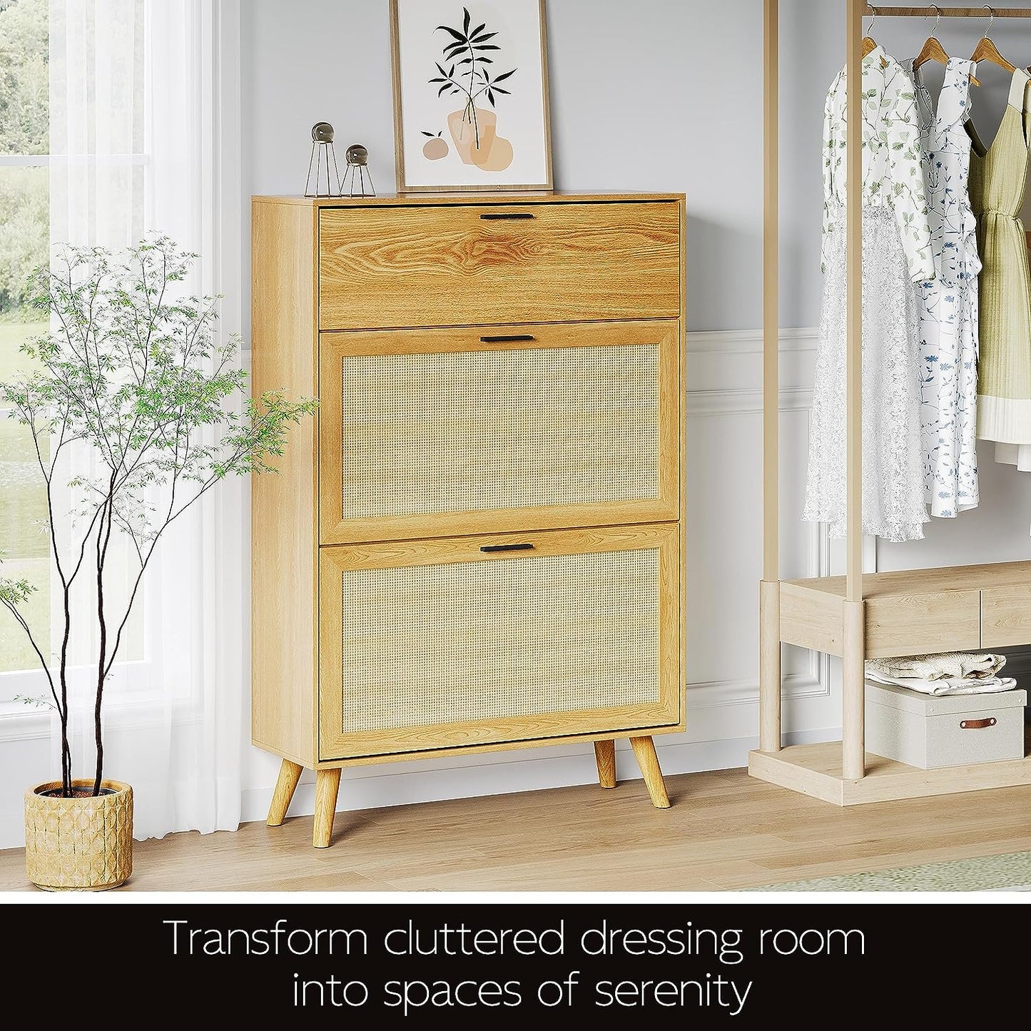 Tolead Nature Rattan Shoe Cabinet for 20 Pairs with Drawers and Shelves