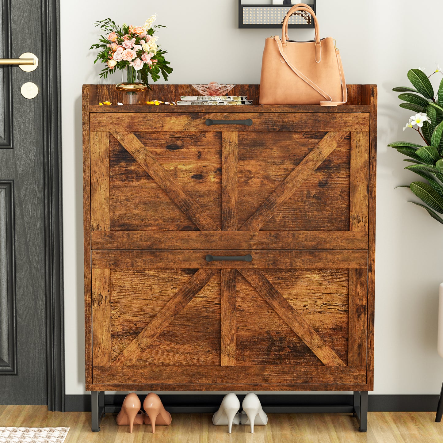 Tolead Shoe Storage Cabinet with 2 Flip Drawers, Metal Legs, Rustic Brown
