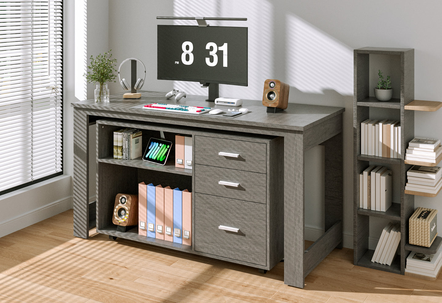 Tolead L-Shaped Desk with Drawers and 2 Shelf, 55 Inch