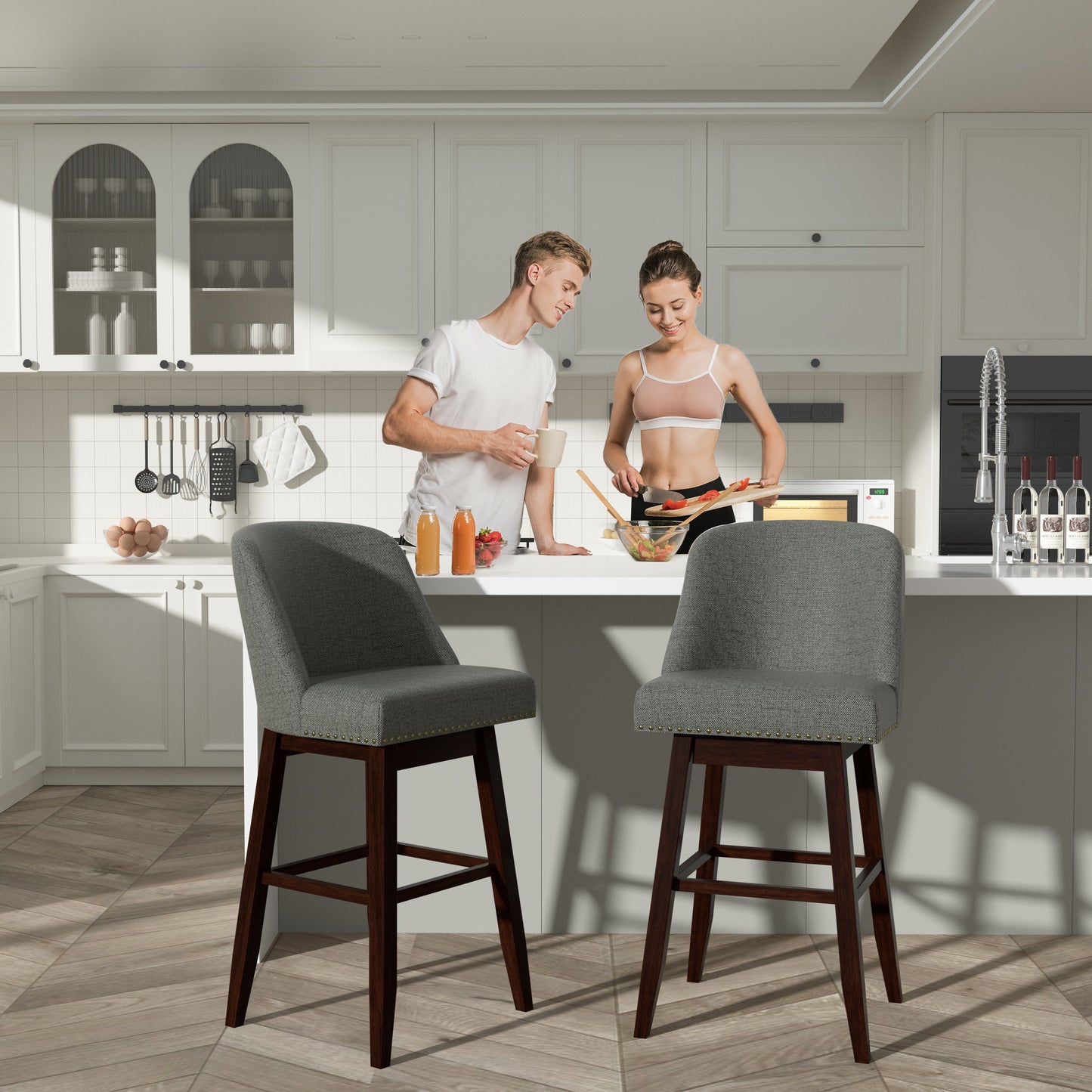Tolead 26" Upholstered Swivel Counter Bar Stools with Back Wood Legs, Bar Chairs for Home,Bar,Set of 2, Beige