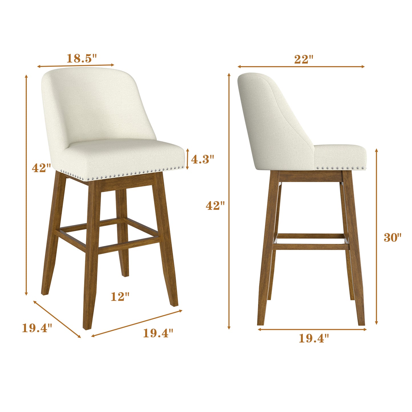 Tolead 26" Upholstered Swivel Counter Bar Stools with Back Wood Legs, Bar Chairs for Home,Bar,Set of 2, Beige