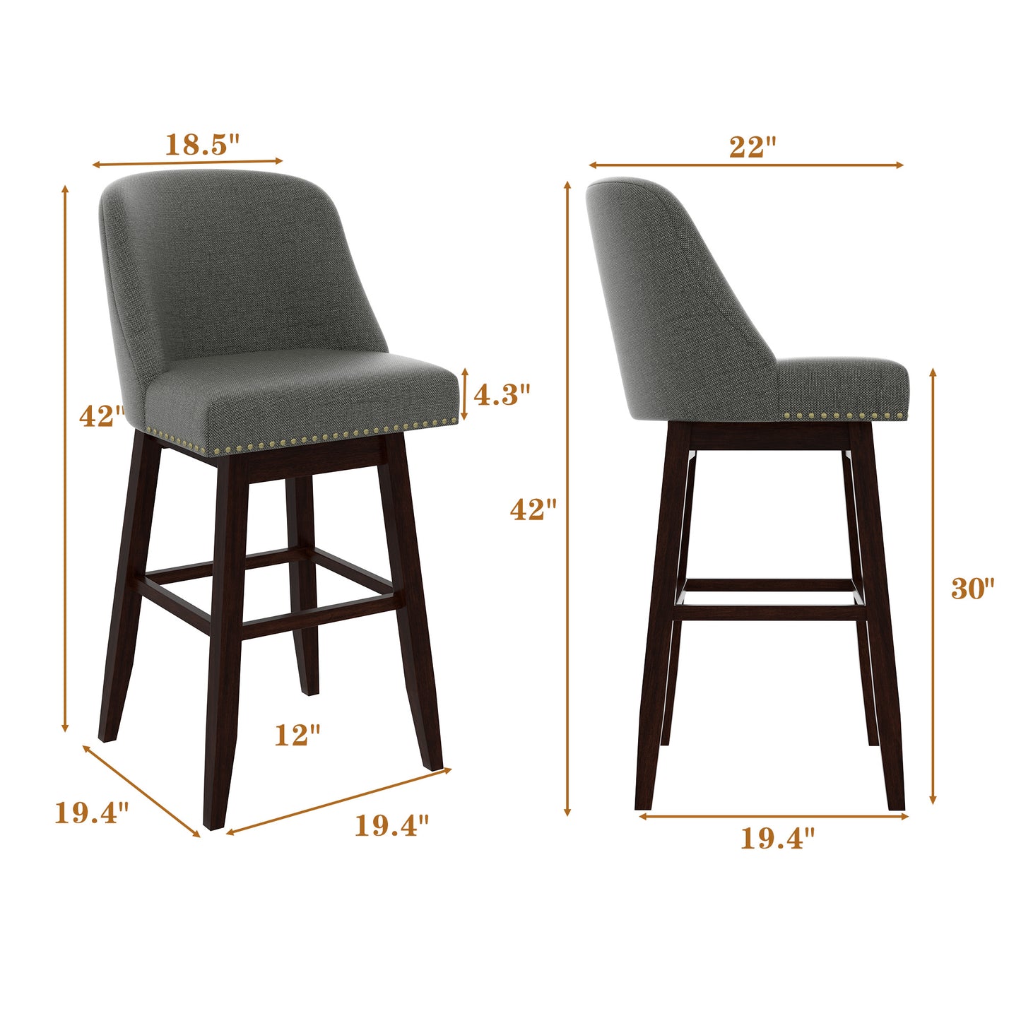 Tolead 26" Upholstered Swivel Counter Bar Stools with Back Wood Legs, Bar Chairs for Home,Bar,Set of 2, Beige