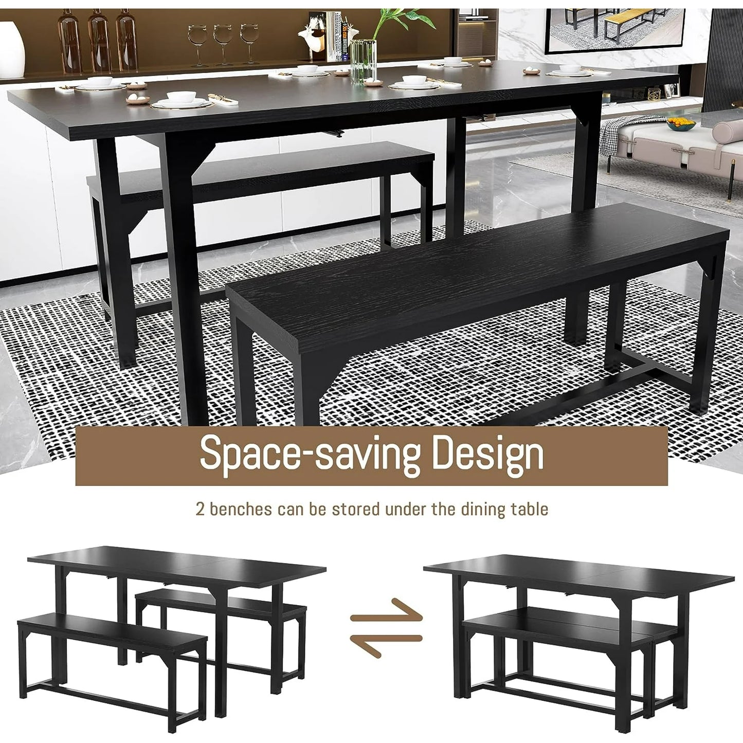 Tolead 3 Piece 47-63" Wood Dining Table Set with 2 Benches, for 4-8 Person, Home, Kitchen, Dining