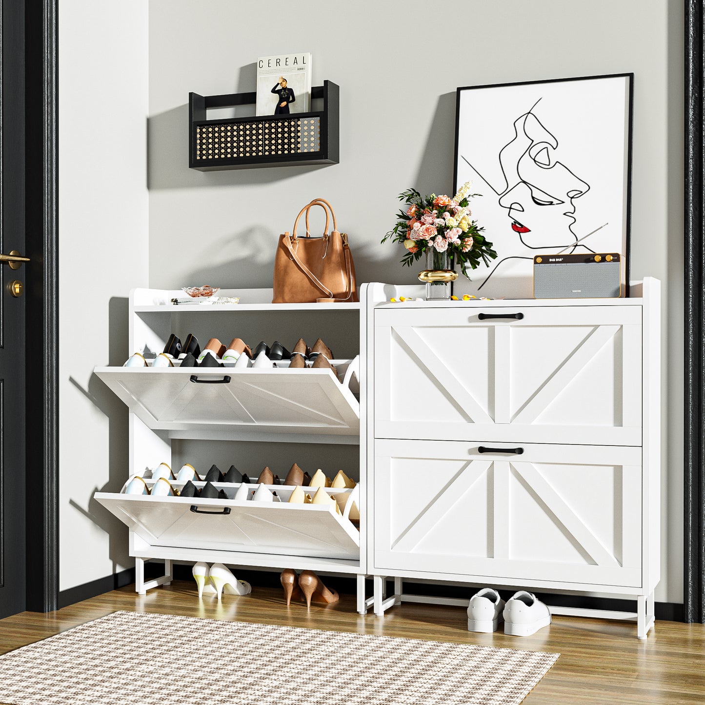 Tolead Shoe Storage Cabinet with 2 Flip Drawers, Metal Legs, Rustic Brown