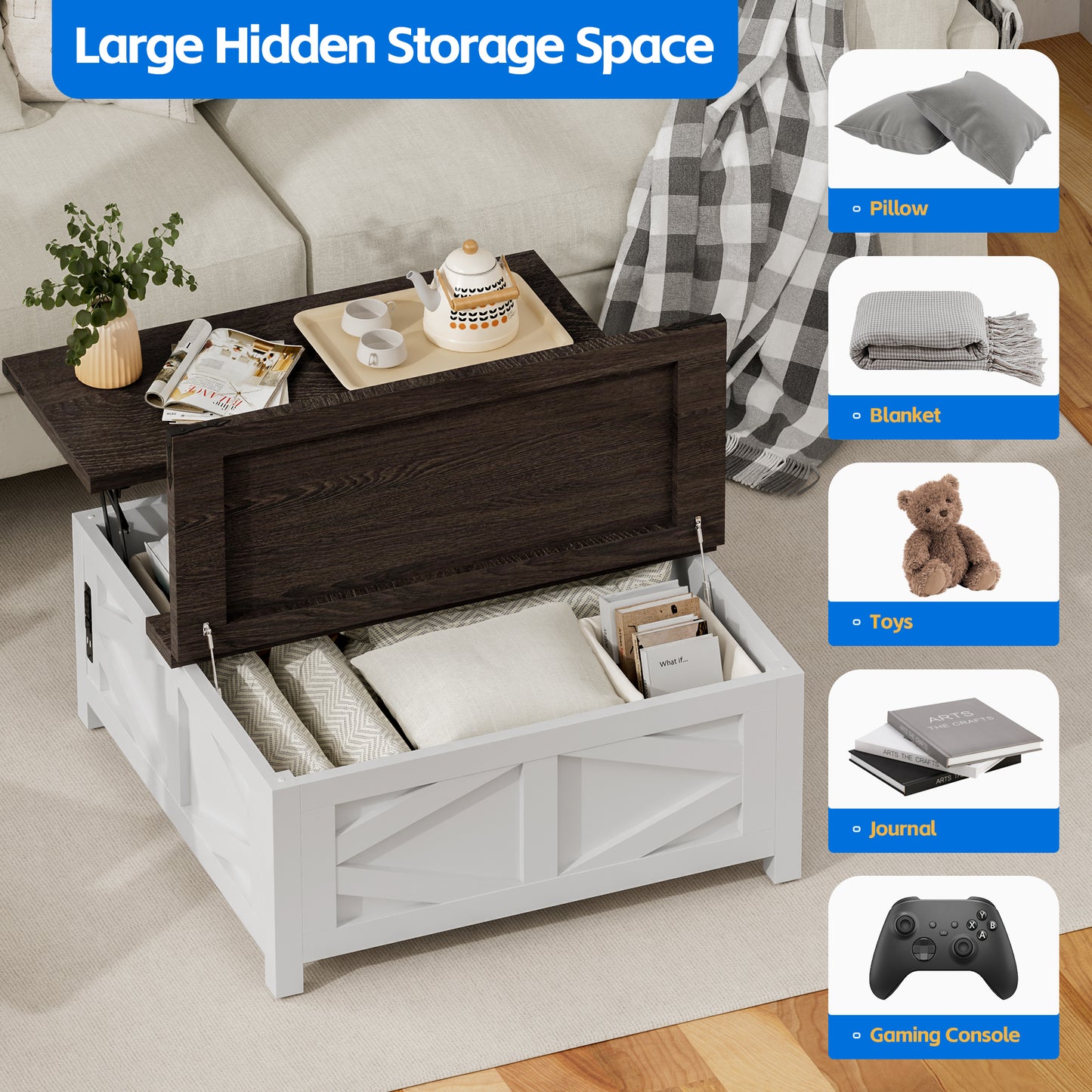 Tolead Lift Top Coffee Table, Farmhouse Wood Coffee Table with Hidden Storage and Charging Station for Living Room