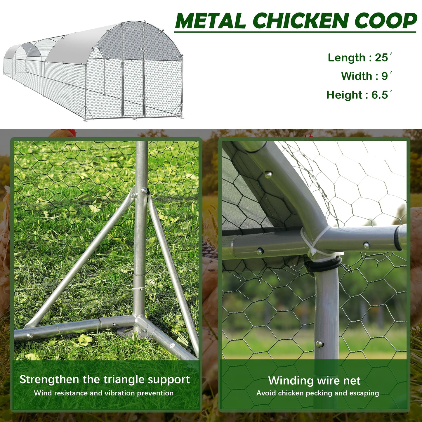 Tolead Large Metal Chicken Coop Upgrade with Tri-Supporting Wire Mesh, Galvanized Steel, Outdoor Chicken Coop with Water-Resident and Anti-UV Cover, Silver