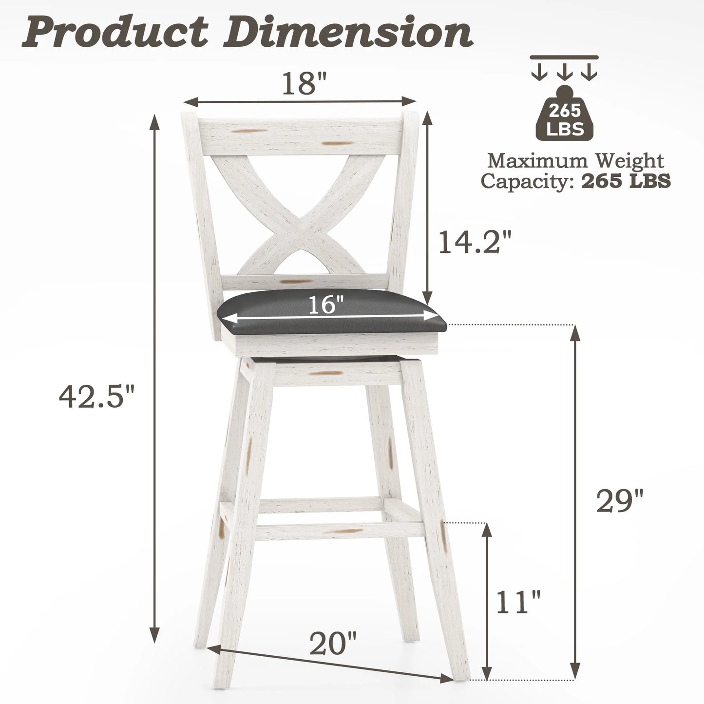 Tolead 2-Piece 29-Inch Swivel Bar Stools with 360-Degree Swivel and Upholstered Seat, White