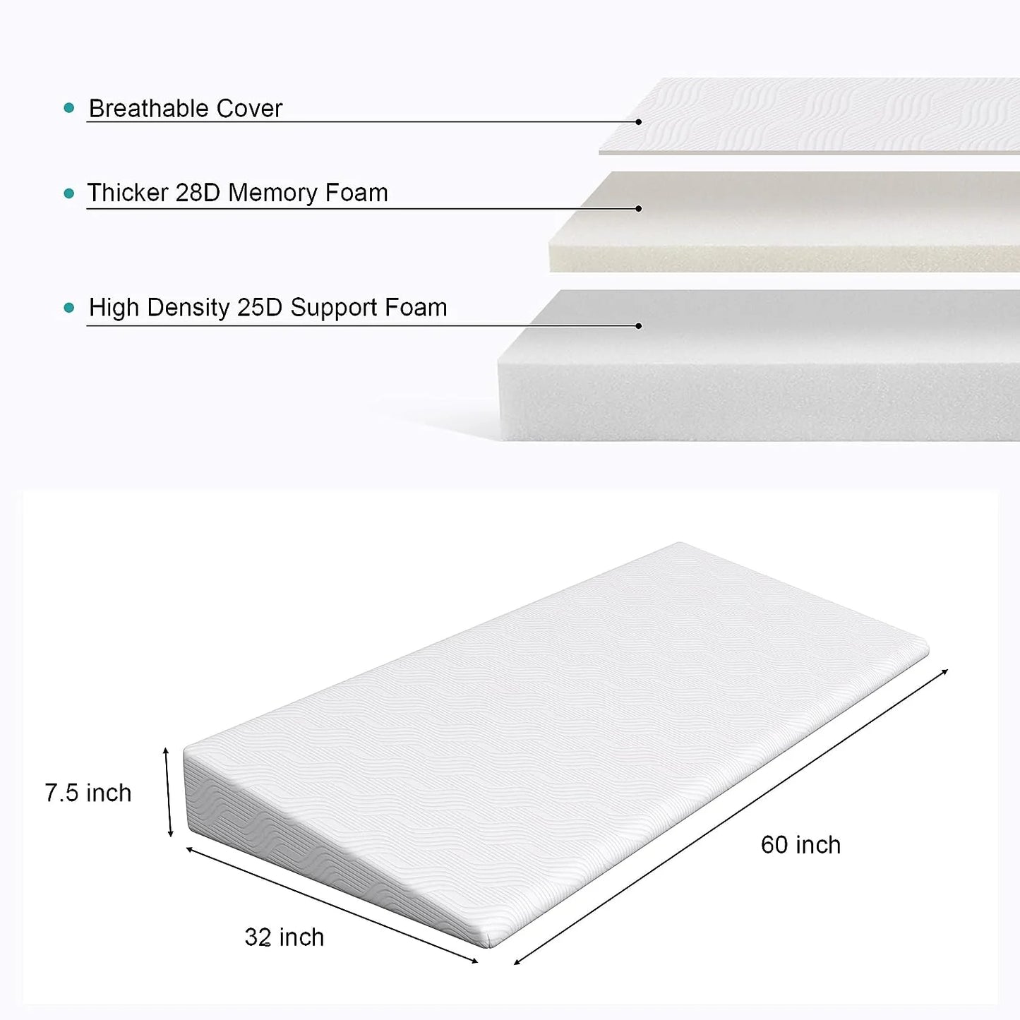 Tolead 7.5 Inch Bed Inclined Mattress Topper Wedge Pillow with Washable Cover, Sleeping