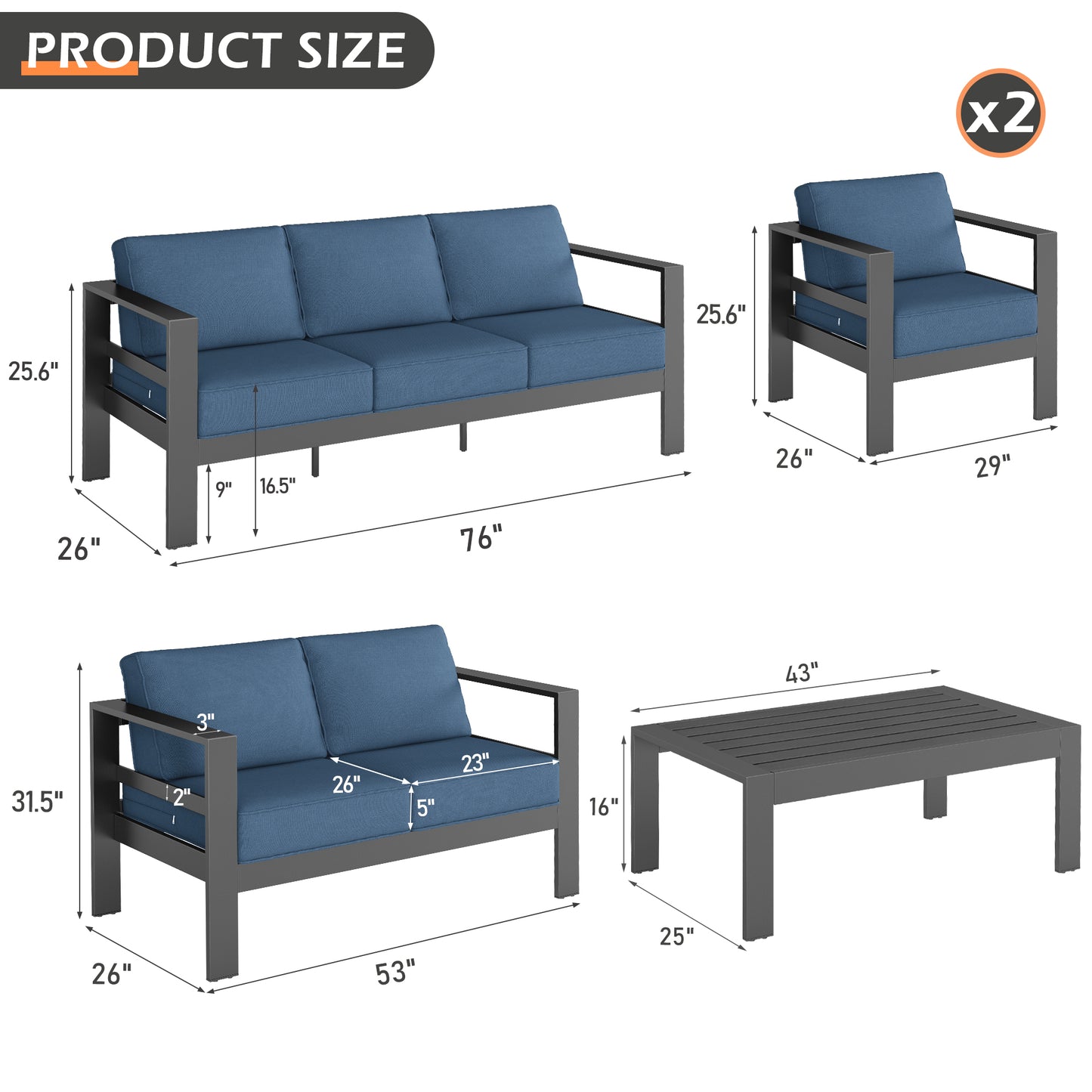 Tolead 5 Piece Outdoor Aluminum Patio Furniture Set with Cushions, Balcony, Garden