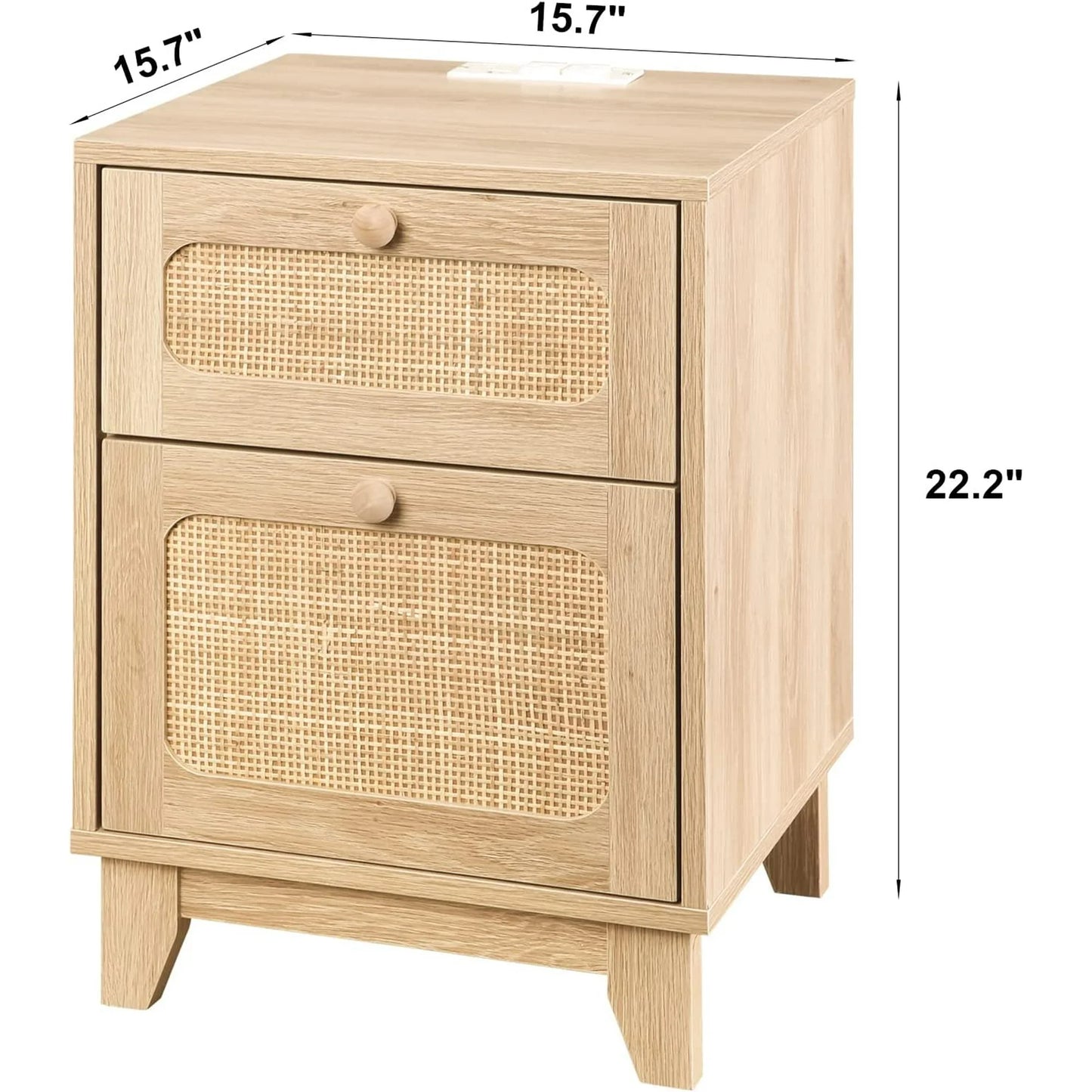 Tolead Rattan Nightstand Set with Charging Station, Handmade Rattan Decorated Drawer and Door, Natural