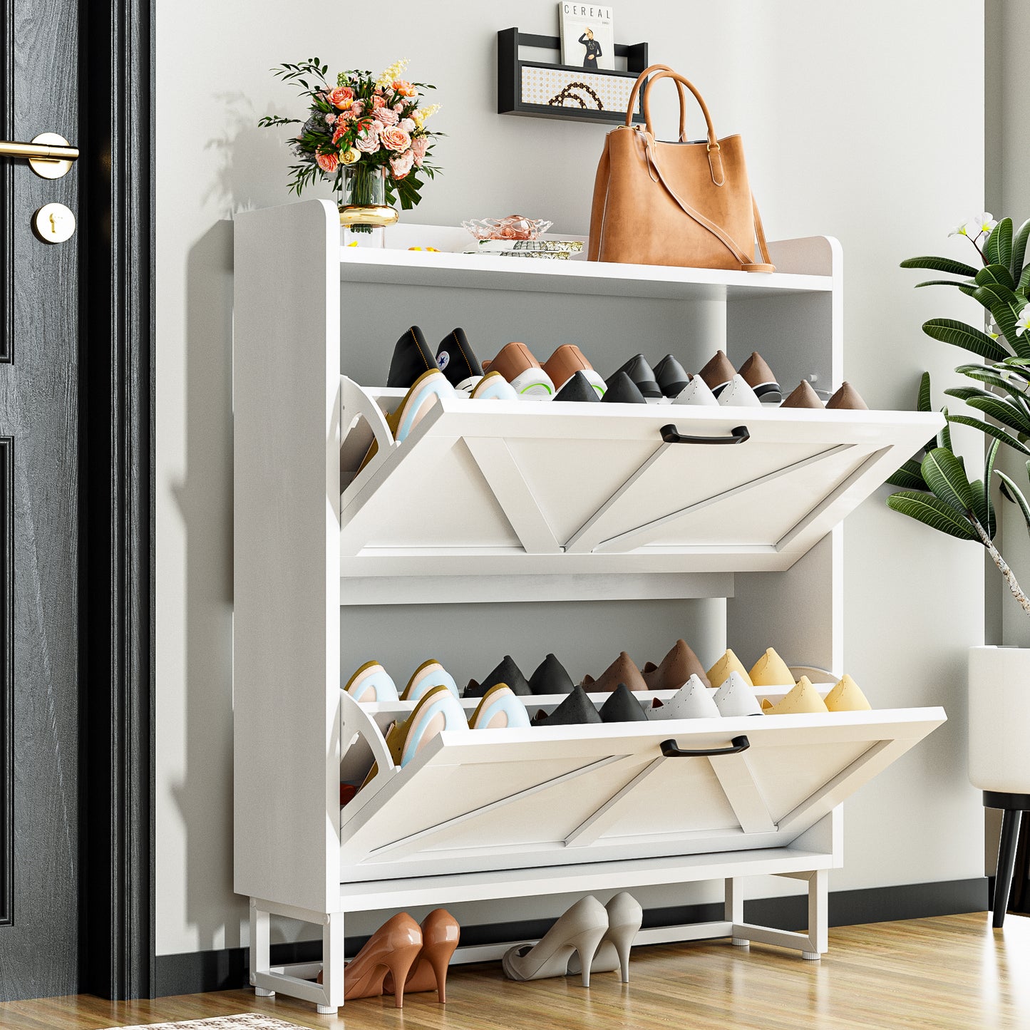 Tolead Shoe Storage Cabinet with 2 Flip Drawers, Metal Legs, Rustic Brown