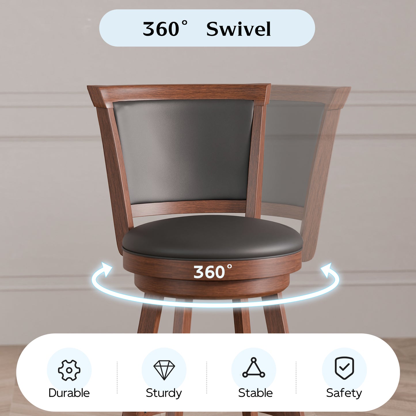 Tolead 29" Counter Height Swivel Wood Barstool in Chestnut Finish and Black Faux Leather