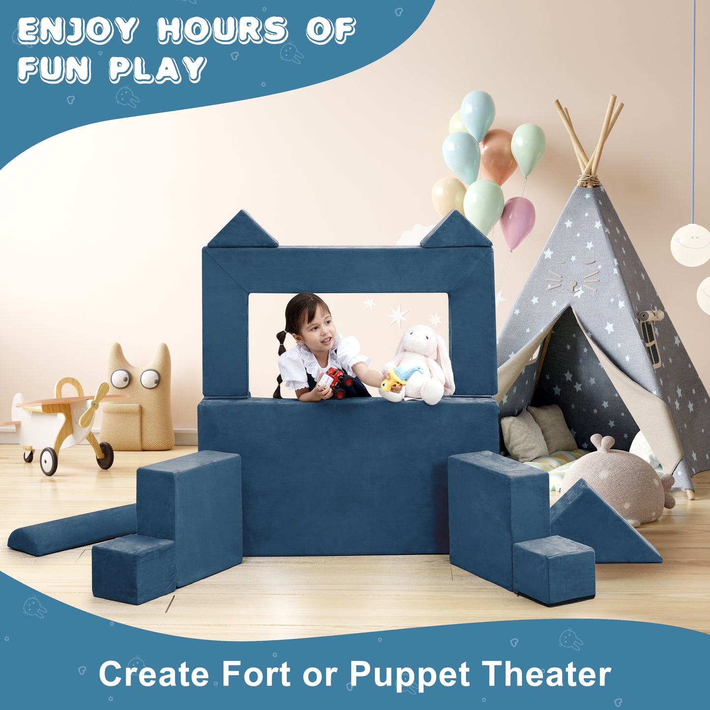 Tolead 10 Pcs Kids & Toddler Foam Play Couch with Ottomans, Blue