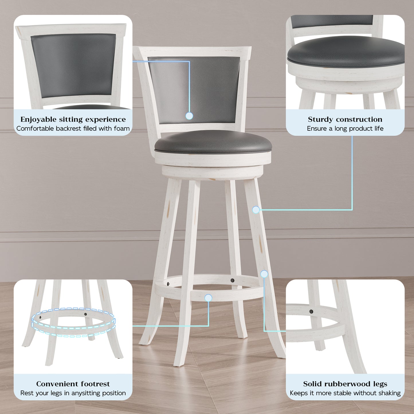 Tolead 29" Counter Height Swivel Wood Barstool in Chestnut Finish and Black Faux Leather