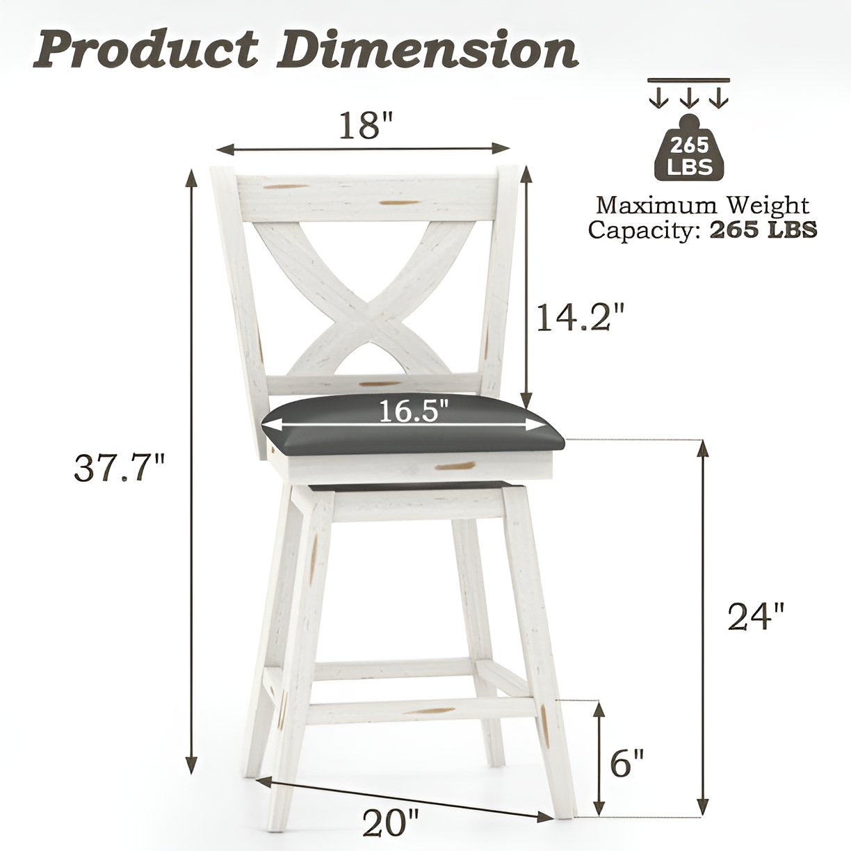Tolead 2Pcs 24" X-Back Bar Stools with Swivel and 360 Degree Swivel, Adult - Set of 2, White