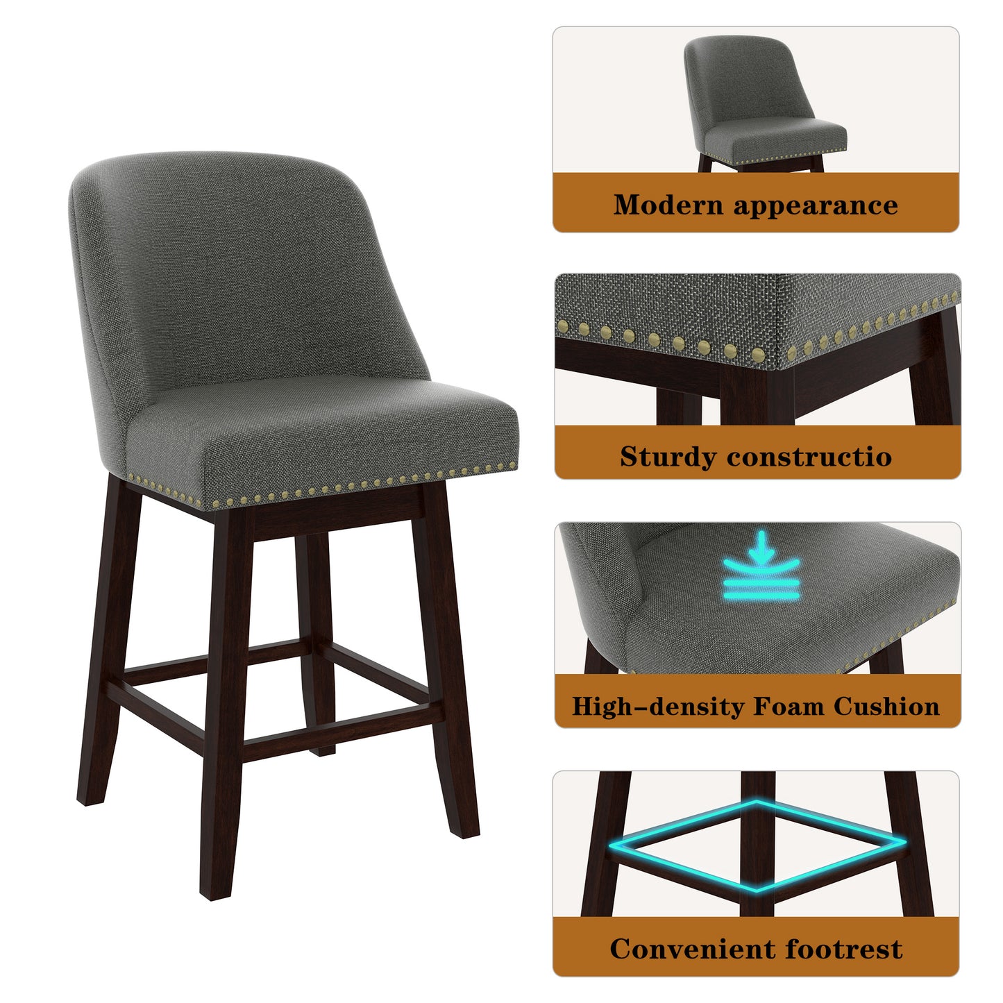 Tolead 26" Upholstered Swivel Counter Bar Stools with Back Wood Legs, Bar Chairs for Home,Bar,Set of 2, Beige